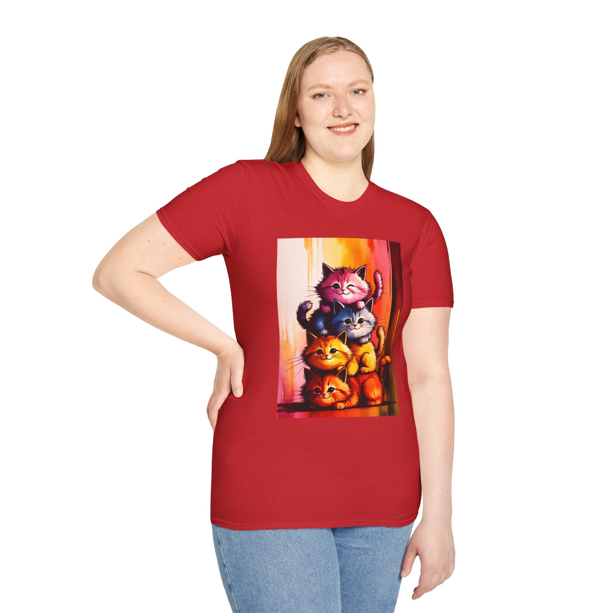 Colorful Stacked Cats T-Shirt — Playful Cute Cat Art Tee