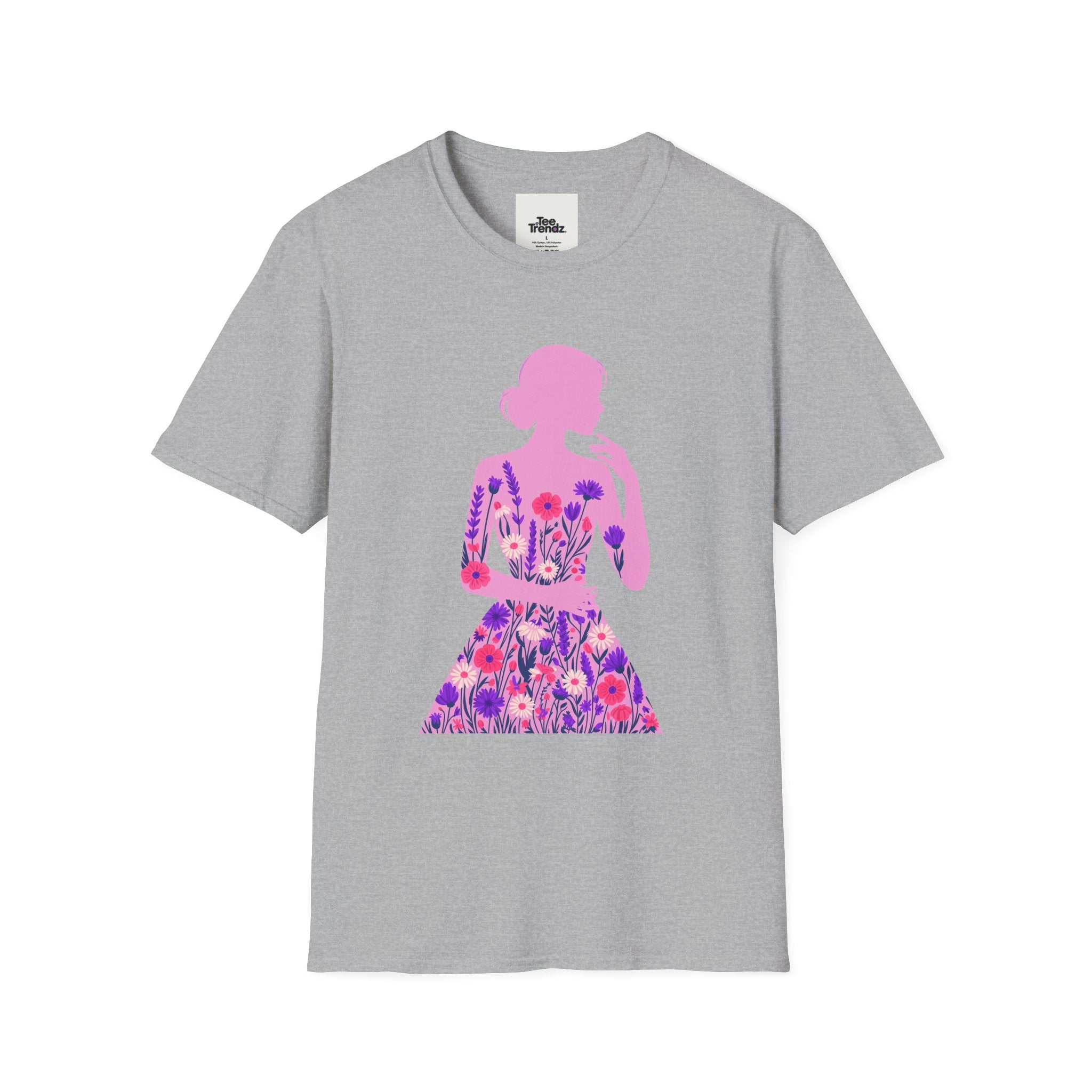 Floral Silhouette Tee — Pink Woman Dress Flower Graphic T-Shirt