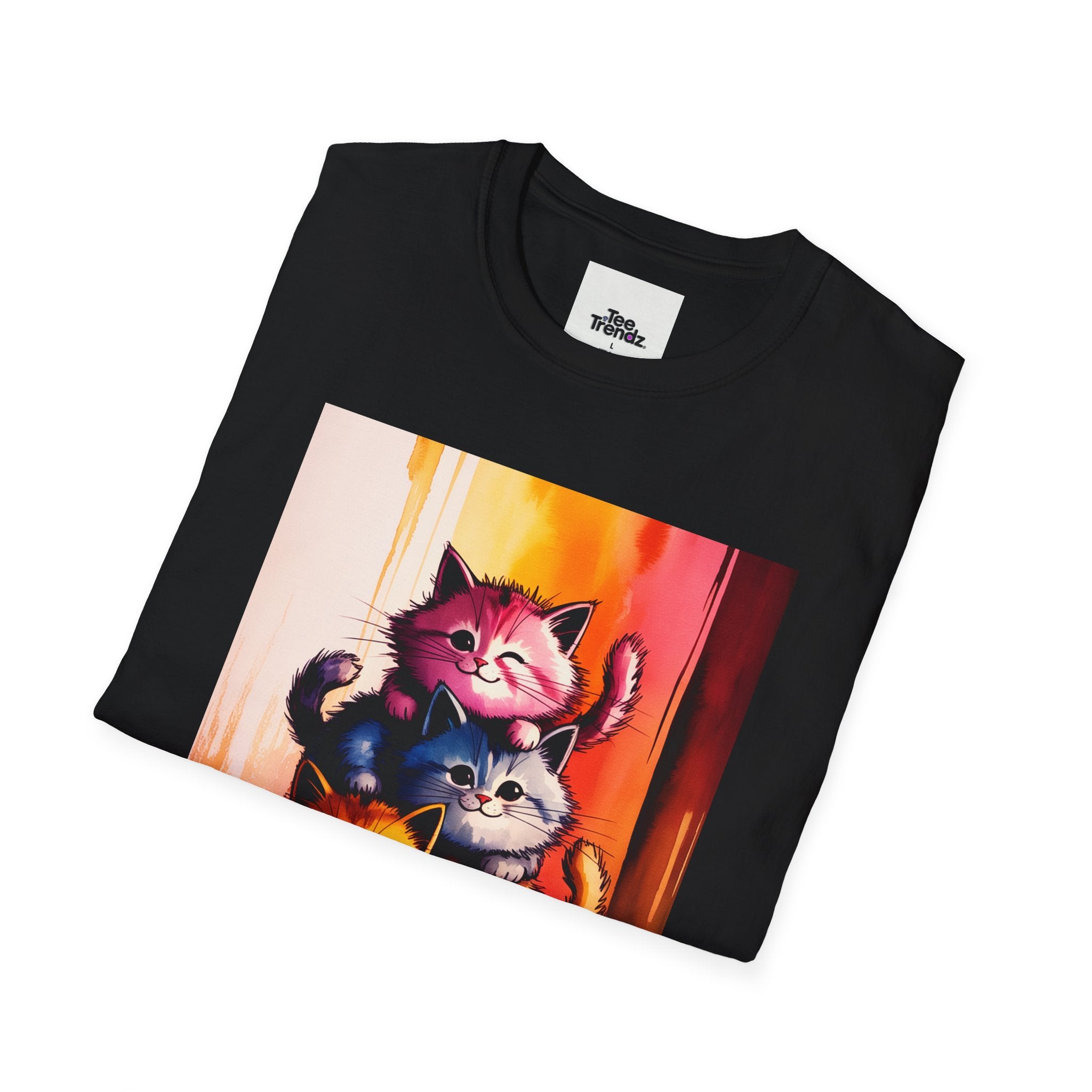 Colorful Stacked Cats T-Shirt — Playful Cute Cat Art Tee