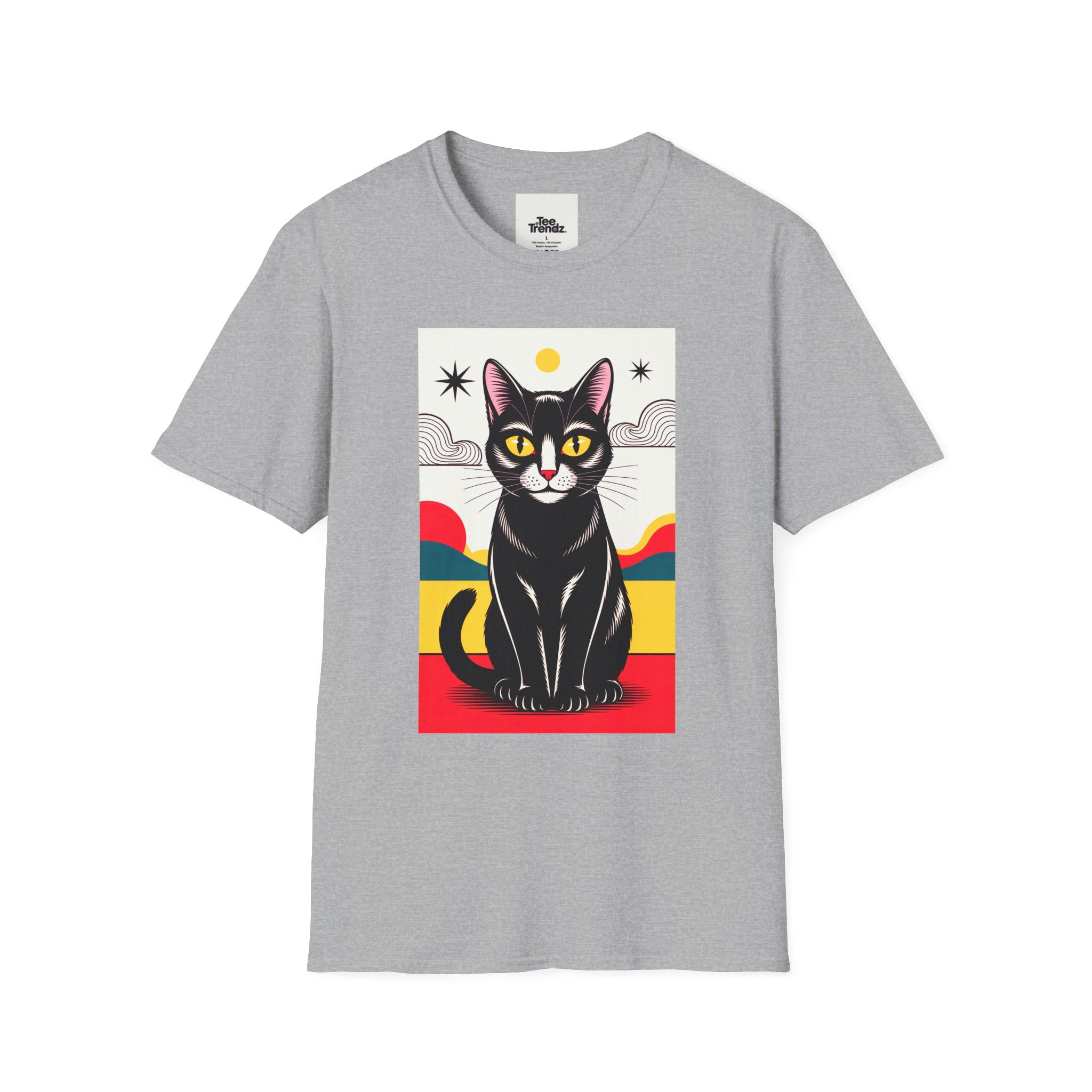 Black Cat Graphic T-Shirt — Retro Sunset Cat Illustration
