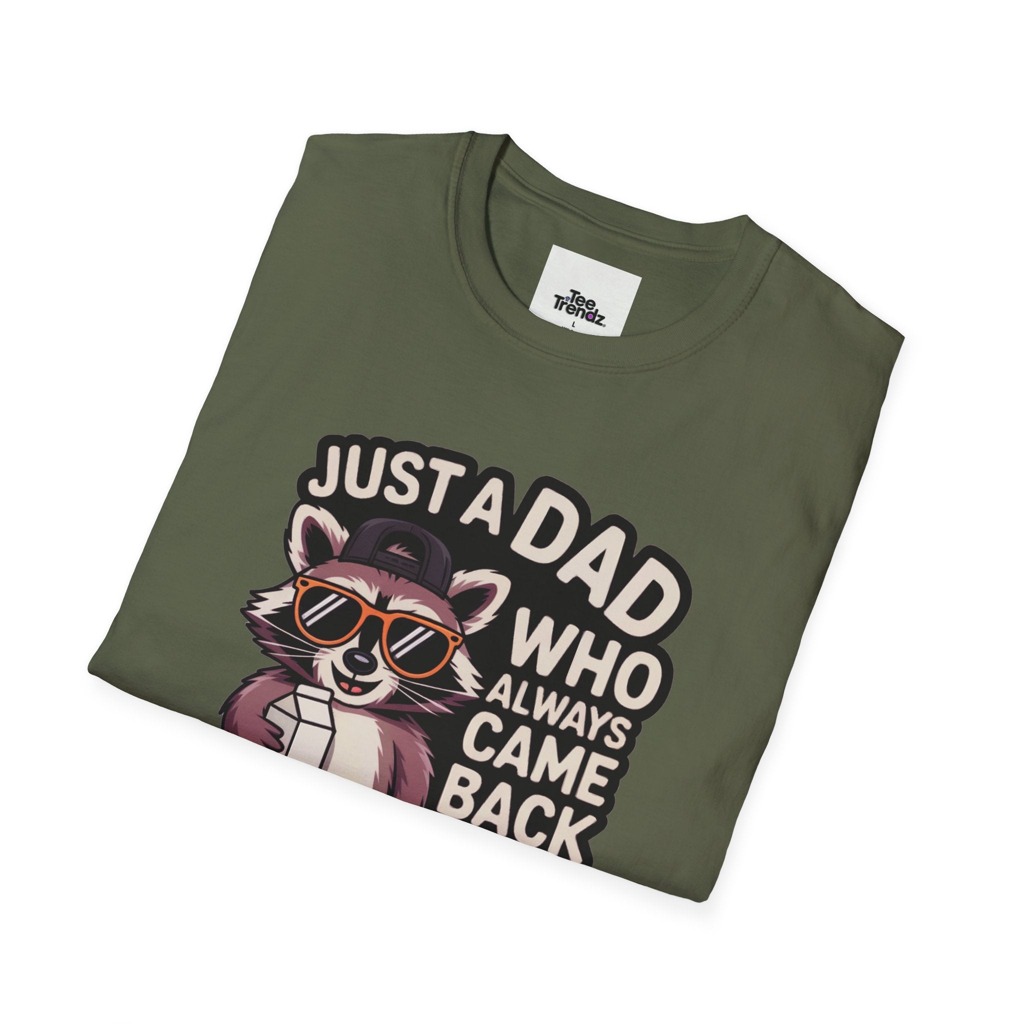 Dad T-Shirt — “Just a Dad Who Always Came Back With the Milk” Vintage Raccoon Design