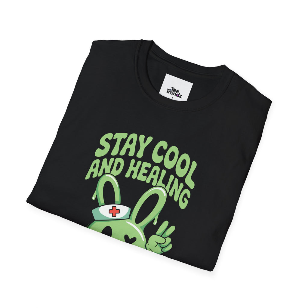 Stay Cool and Healing Graphic T-Shirt — Cute Green Bunny Peace Tee