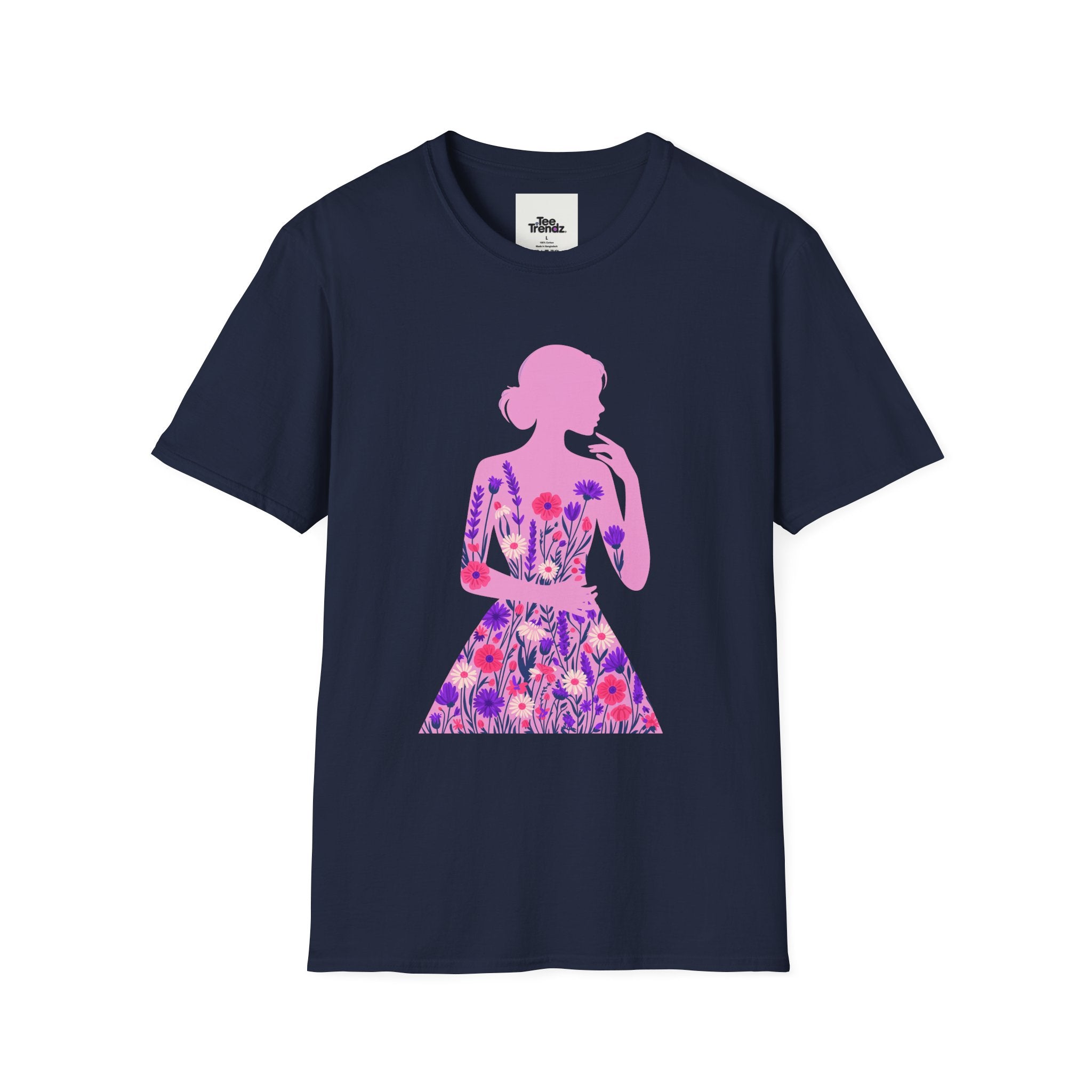 Floral Silhouette Tee — Pink Woman Dress Flower Graphic T-Shirt