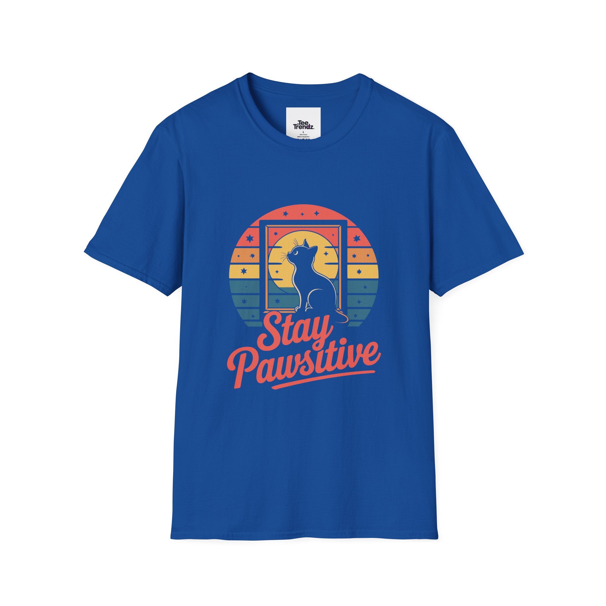 Stay Pawsitive Cat T-Shirt — Retro Rainbow Cat Graphic Tee