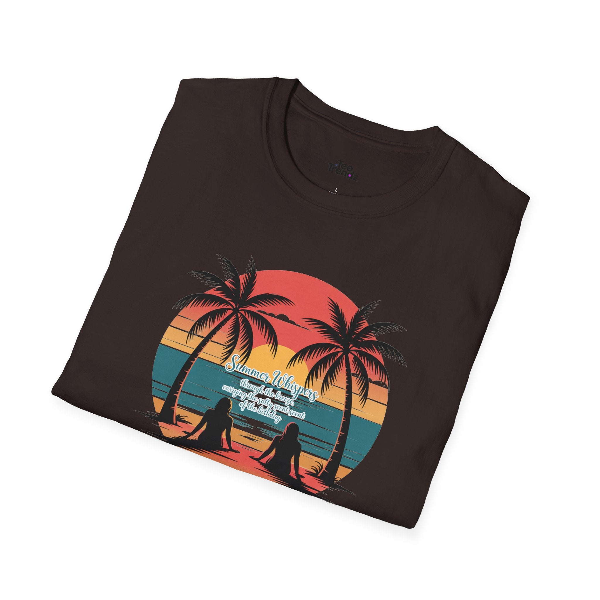 Beach Sunset T-Shirt — Couples Silhouette Palm Tree Graphic Tee (Vintage Rainbow Stripes)