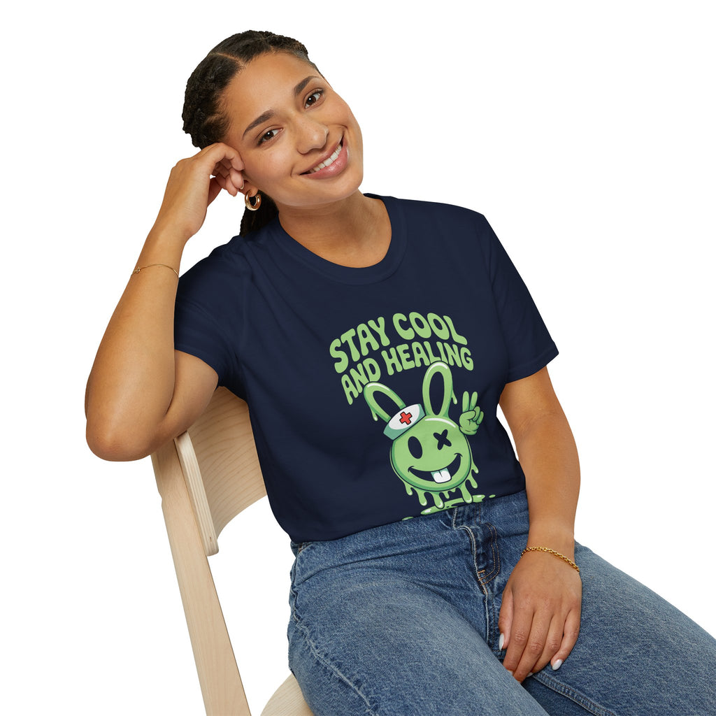 Stay Cool and Healing Graphic T-Shirt — Cute Green Bunny Peace Tee