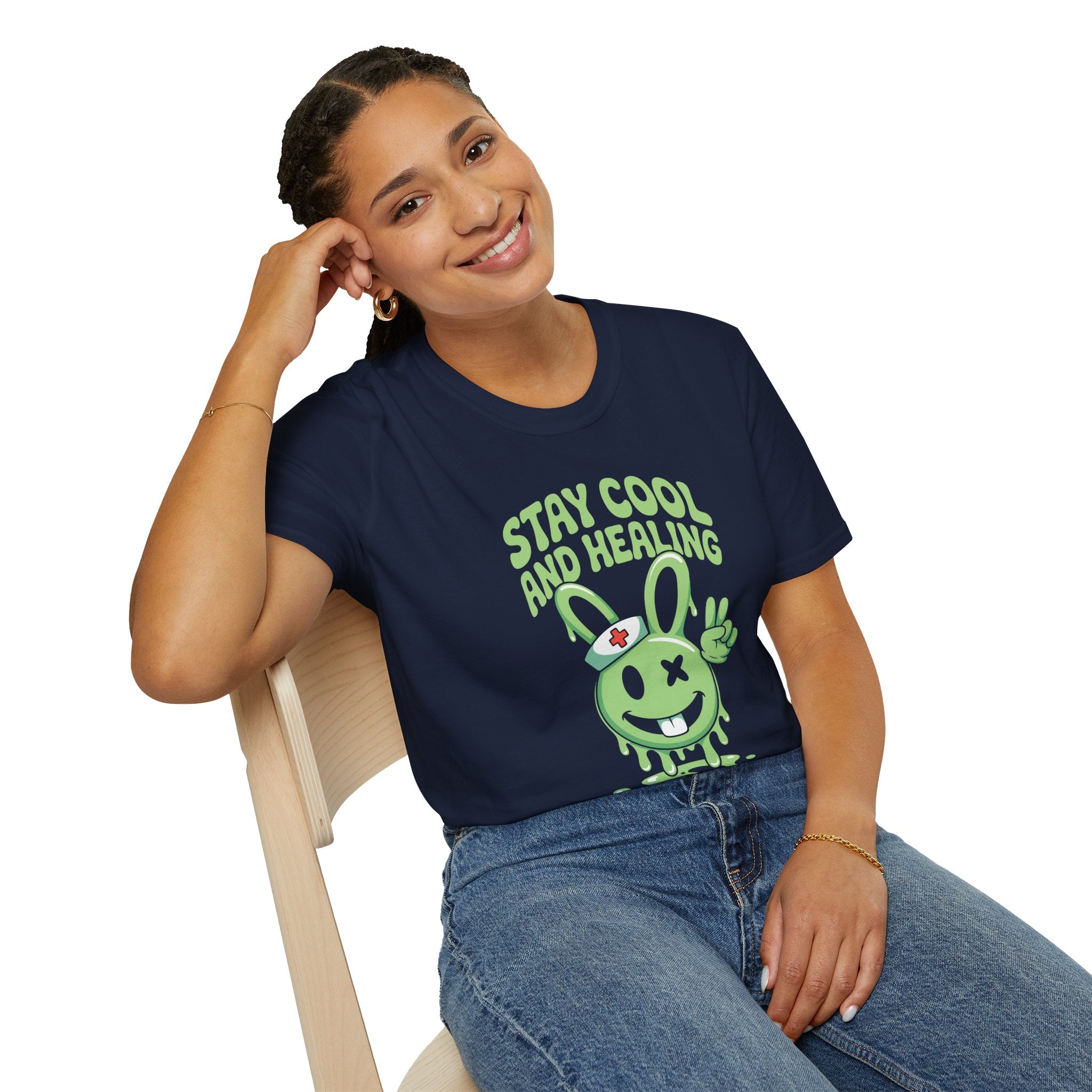 Stay Cool and Healing Graphic T-Shirt — Cute Green Bunny Peace Tee