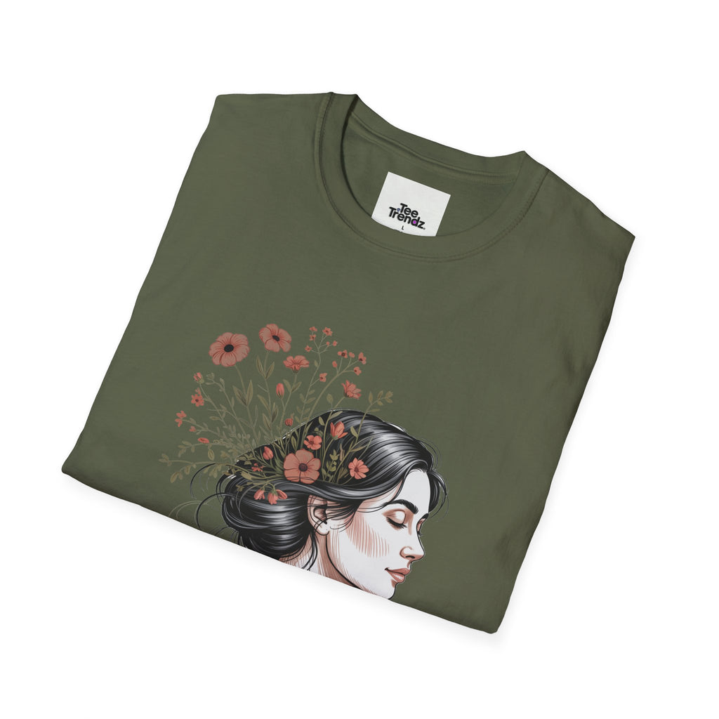 T-Shirt — "Rooted & Wild" Floral Woman Illustration | Boho Nature Tee for Women