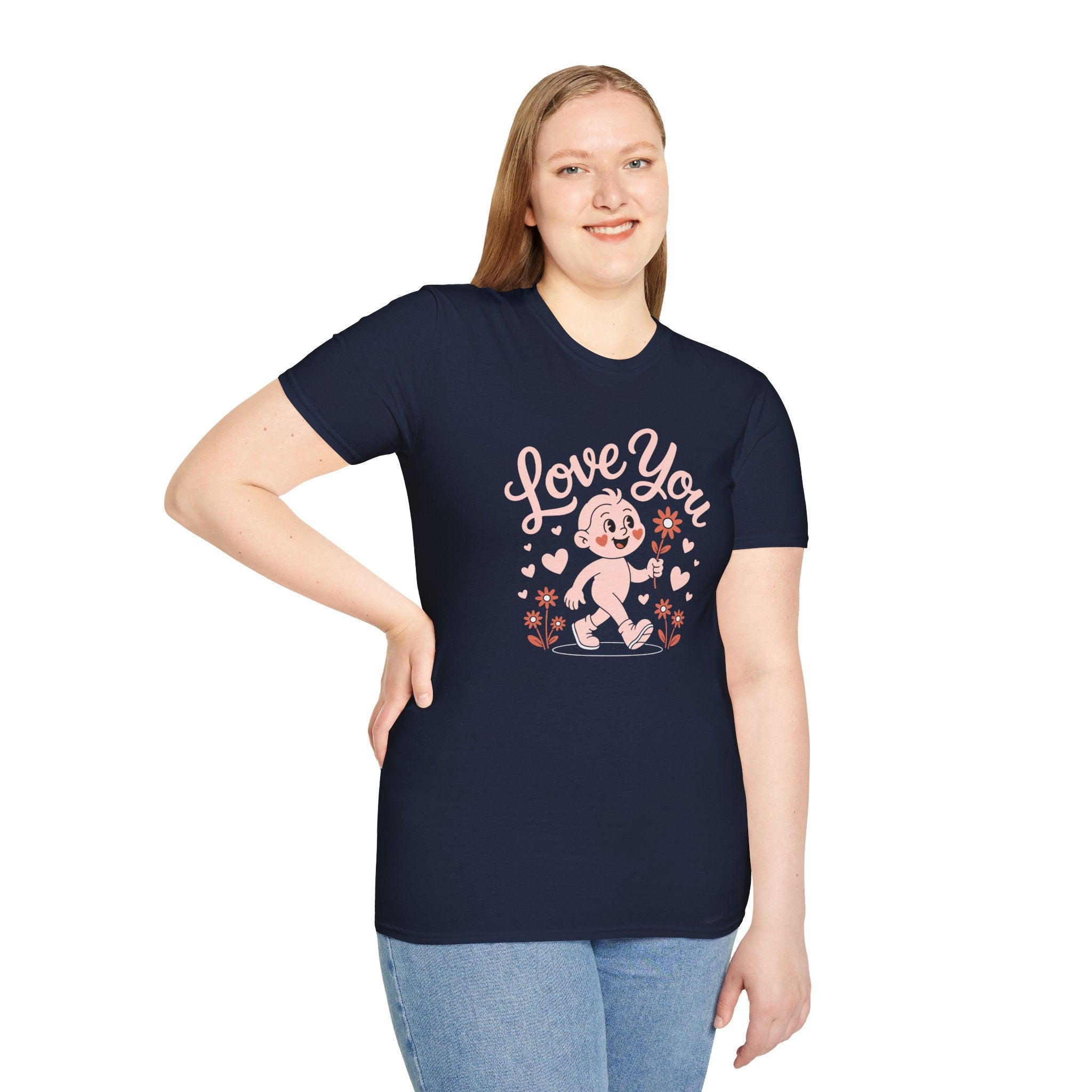 Love You Cute Character T-Shirt — Retro Pink Heart Cartoon Graphic Tee for Valentine’s Day