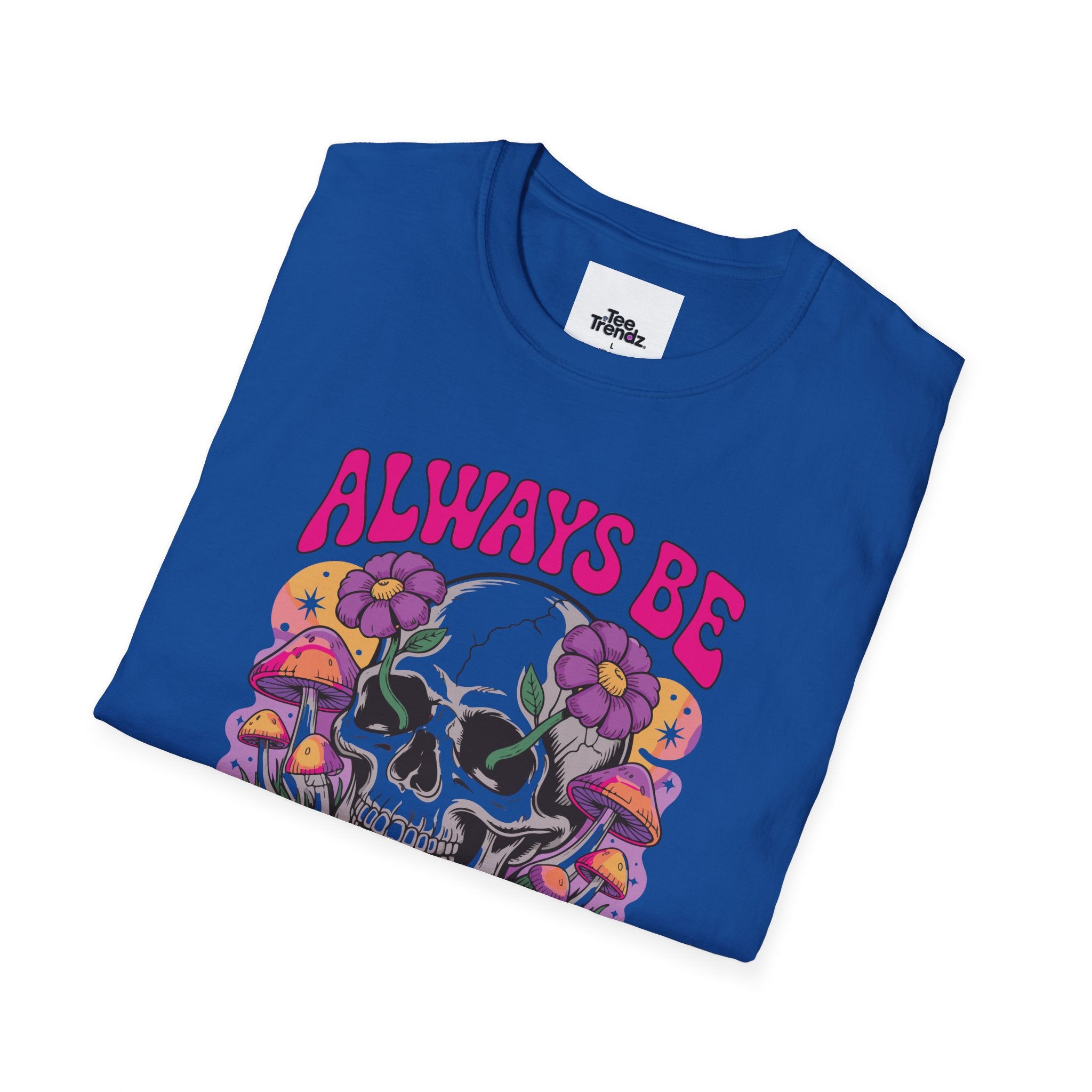 Skull & Mushrooms T-Shirt — "Always Be Weird" Retro Graphic Tee