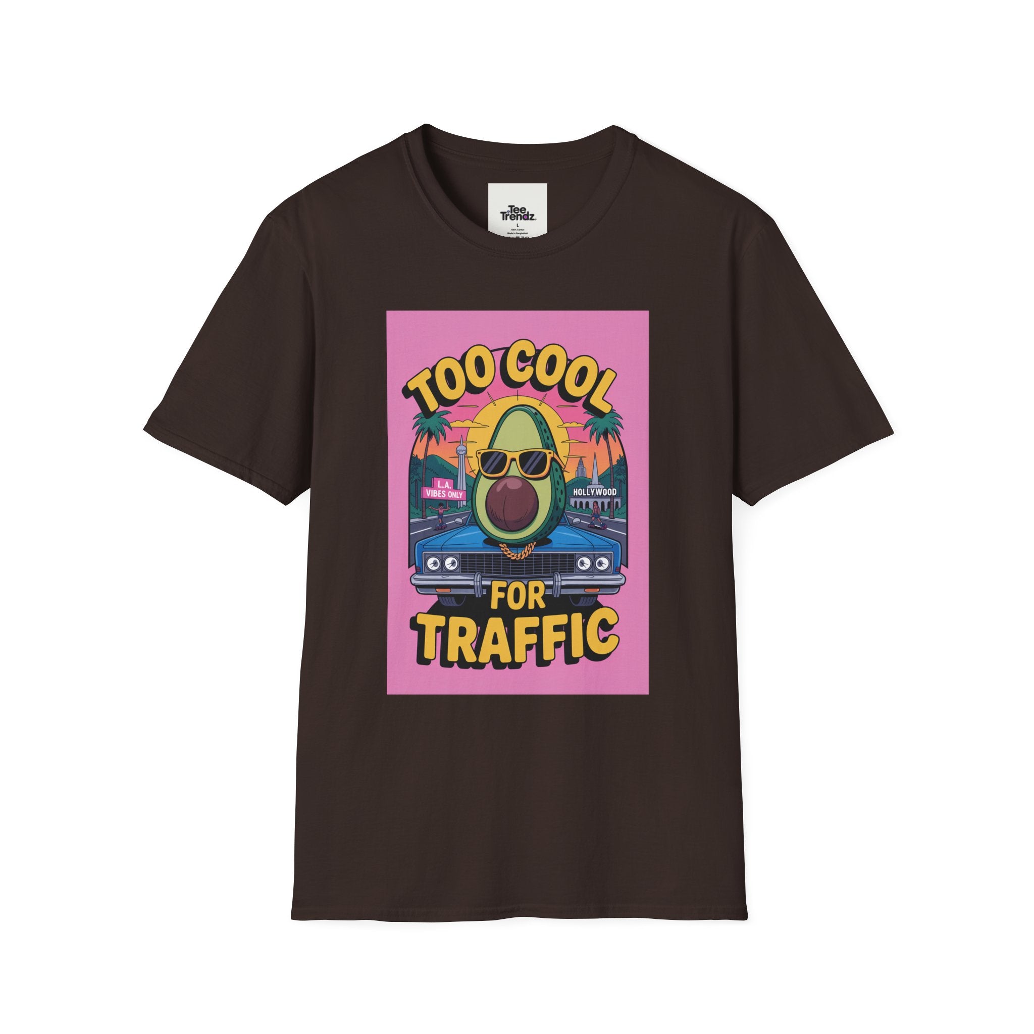 Too Cool for Traffic Avocado Tee — Retro Beach Car Graphic T-Shirt