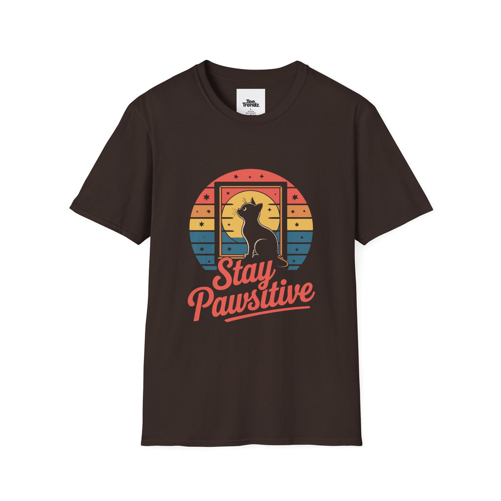 Stay Pawsitive Cat T-Shirt — Retro Rainbow Cat Graphic Tee