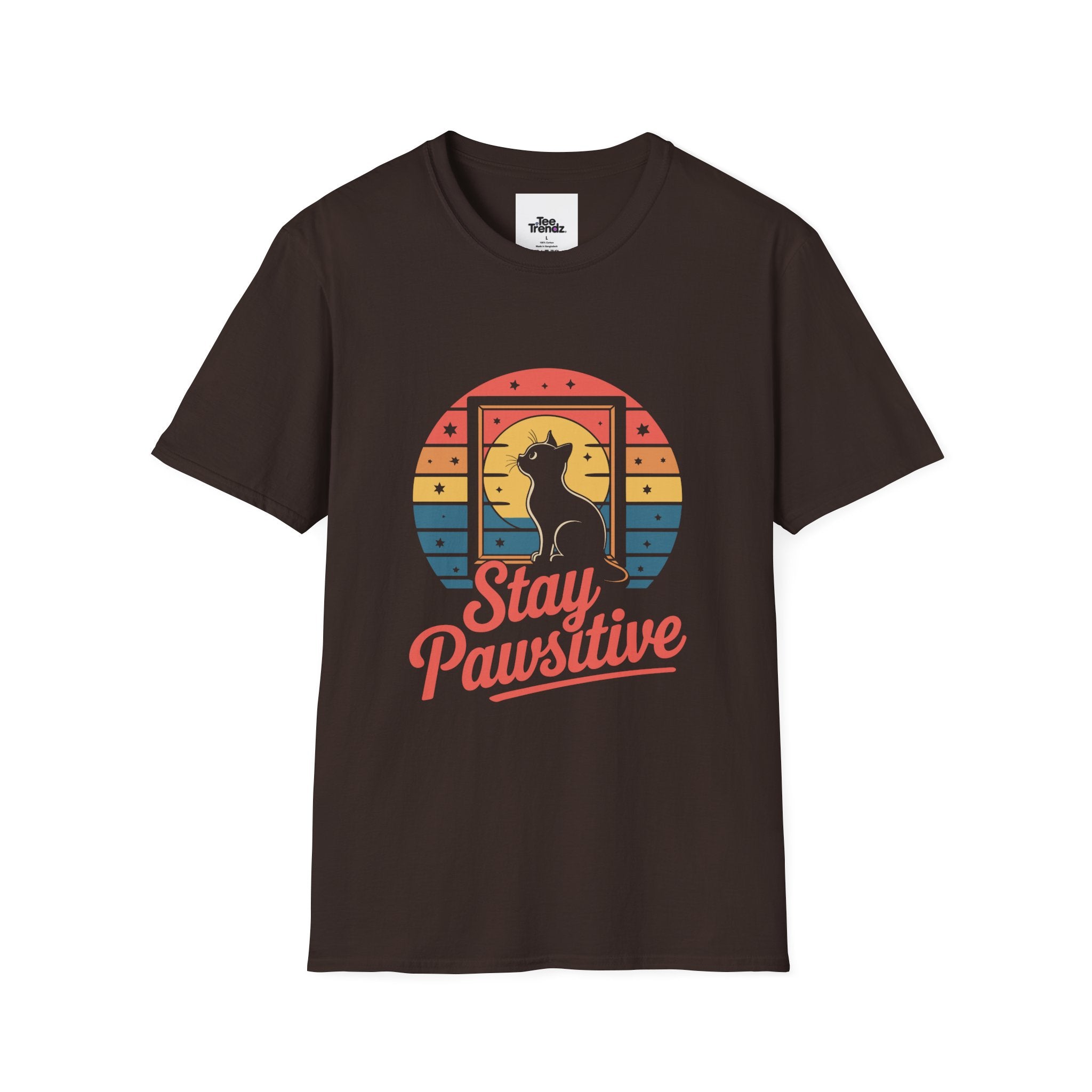 Stay Pawsitive Cat T-Shirt — Retro Rainbow Cat Graphic Tee