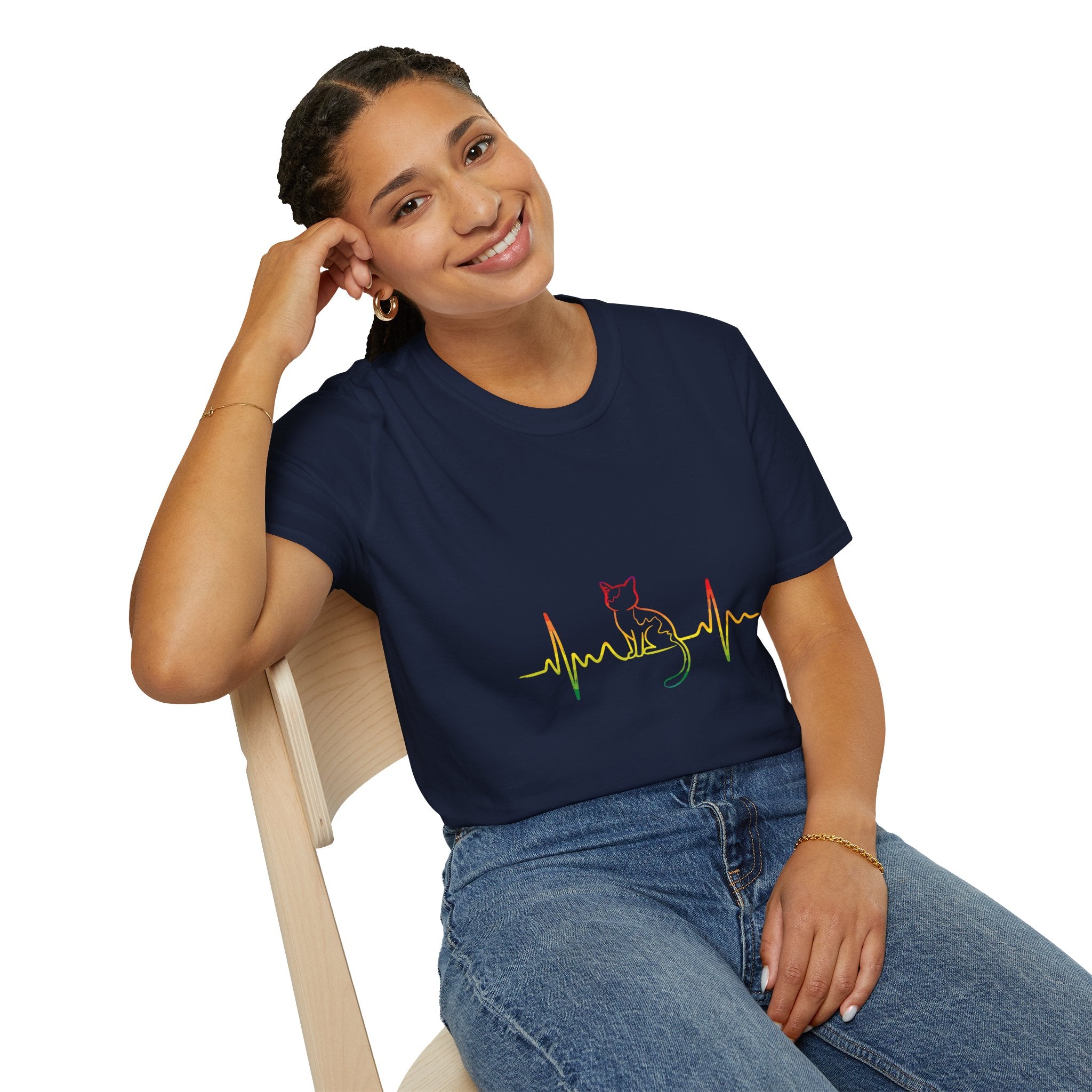 Cat Heartbeat T-Shirt — Rasta Outline Cat EKG Tee