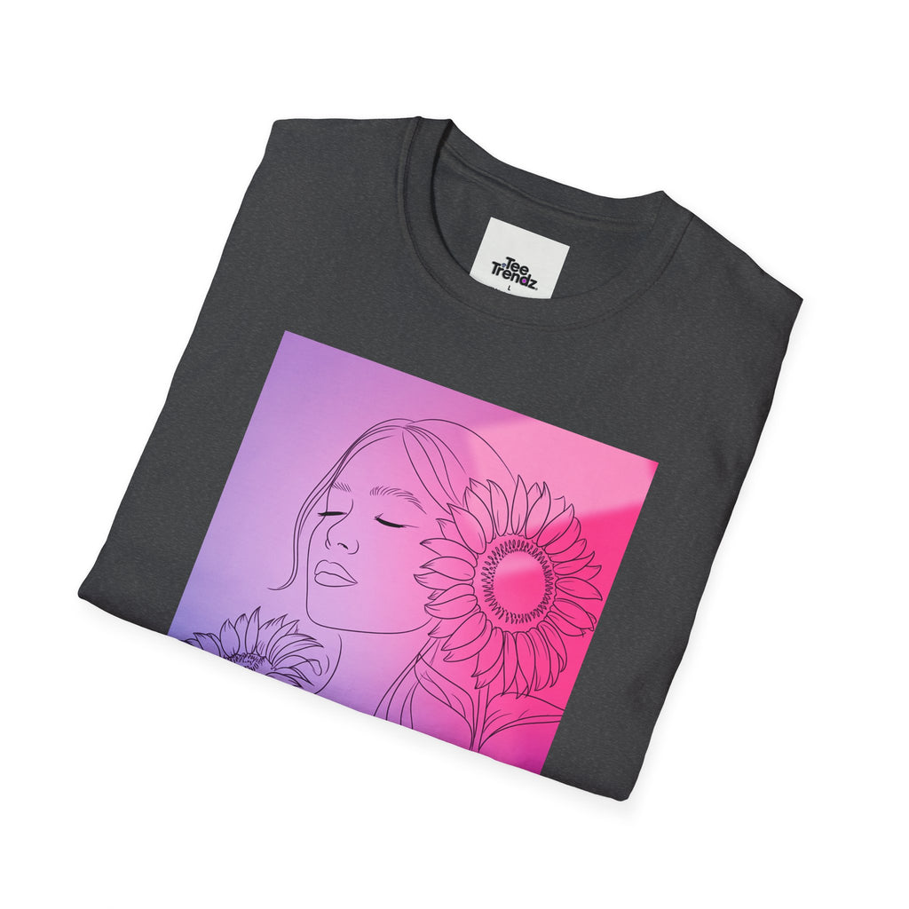 Floral Muse Tee — Pink to Blue Gradient Sunflower Portrait T-Shirt