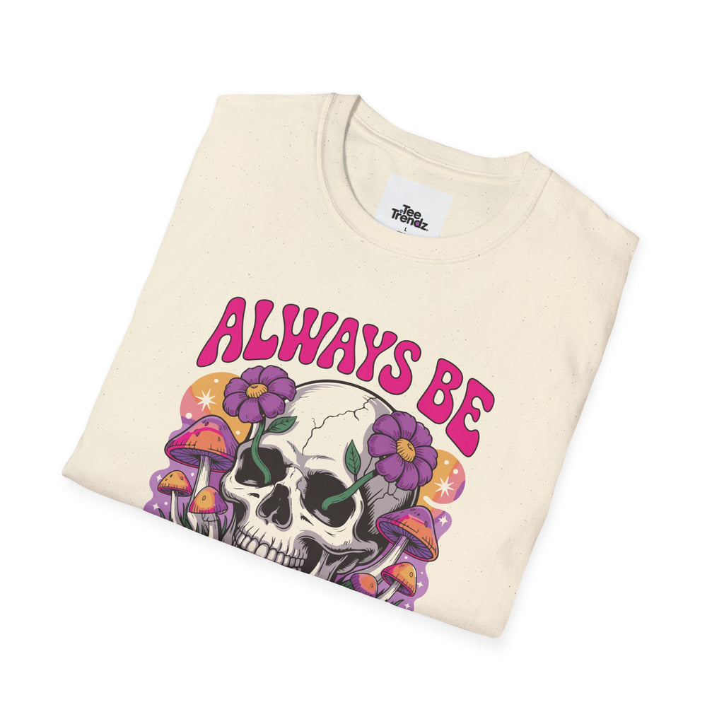 Skull & Mushrooms T-Shirt — "Always Be Weird" Retro Graphic Tee