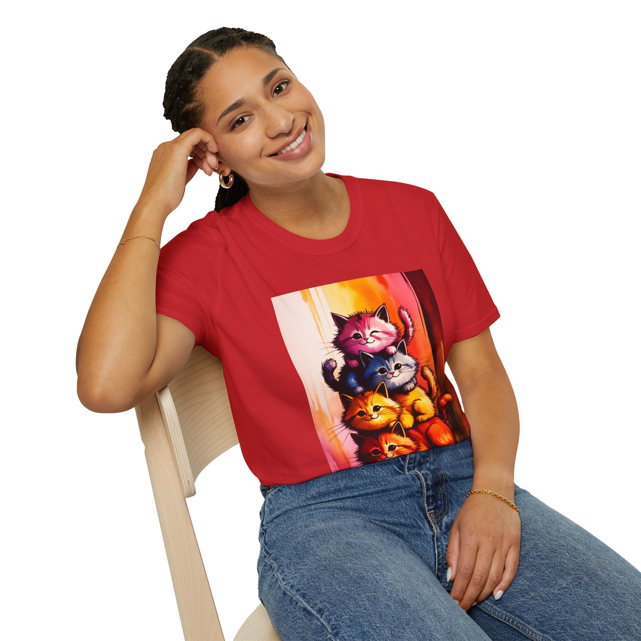 Colorful Stacked Cats T-Shirt — Playful Cute Cat Art Tee