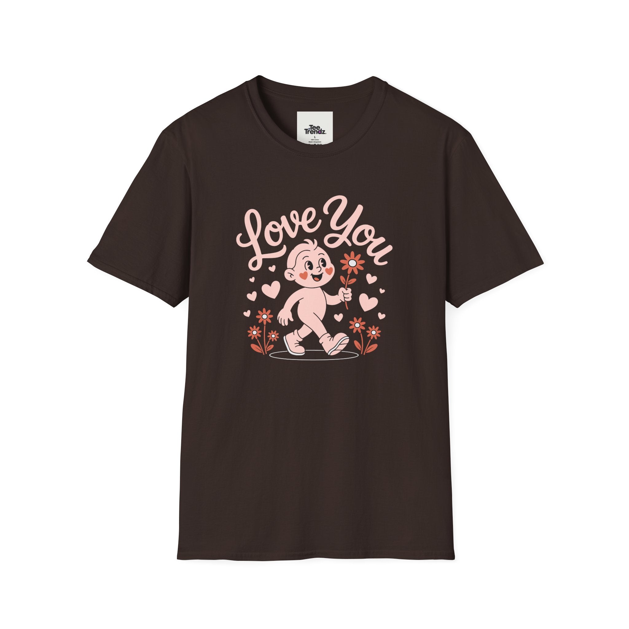 Love You Cute Character T-Shirt — Retro Pink Heart Cartoon Graphic Tee for Valentine’s Day