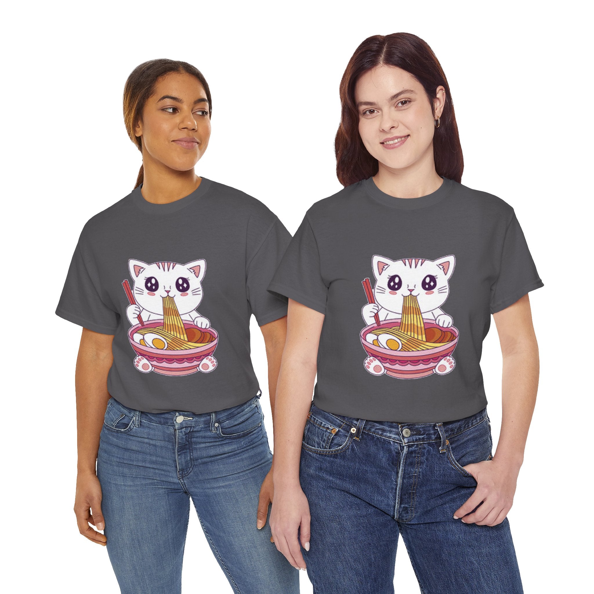 Cute Cat Ramen Tee – Kawaii Kitty Eating Noodles Graphic Shirt