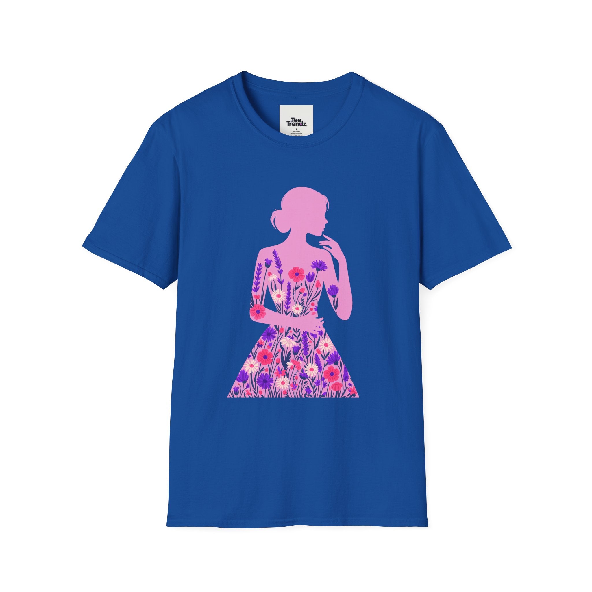 Floral Silhouette Tee — Pink Woman Dress Flower Graphic T-Shirt