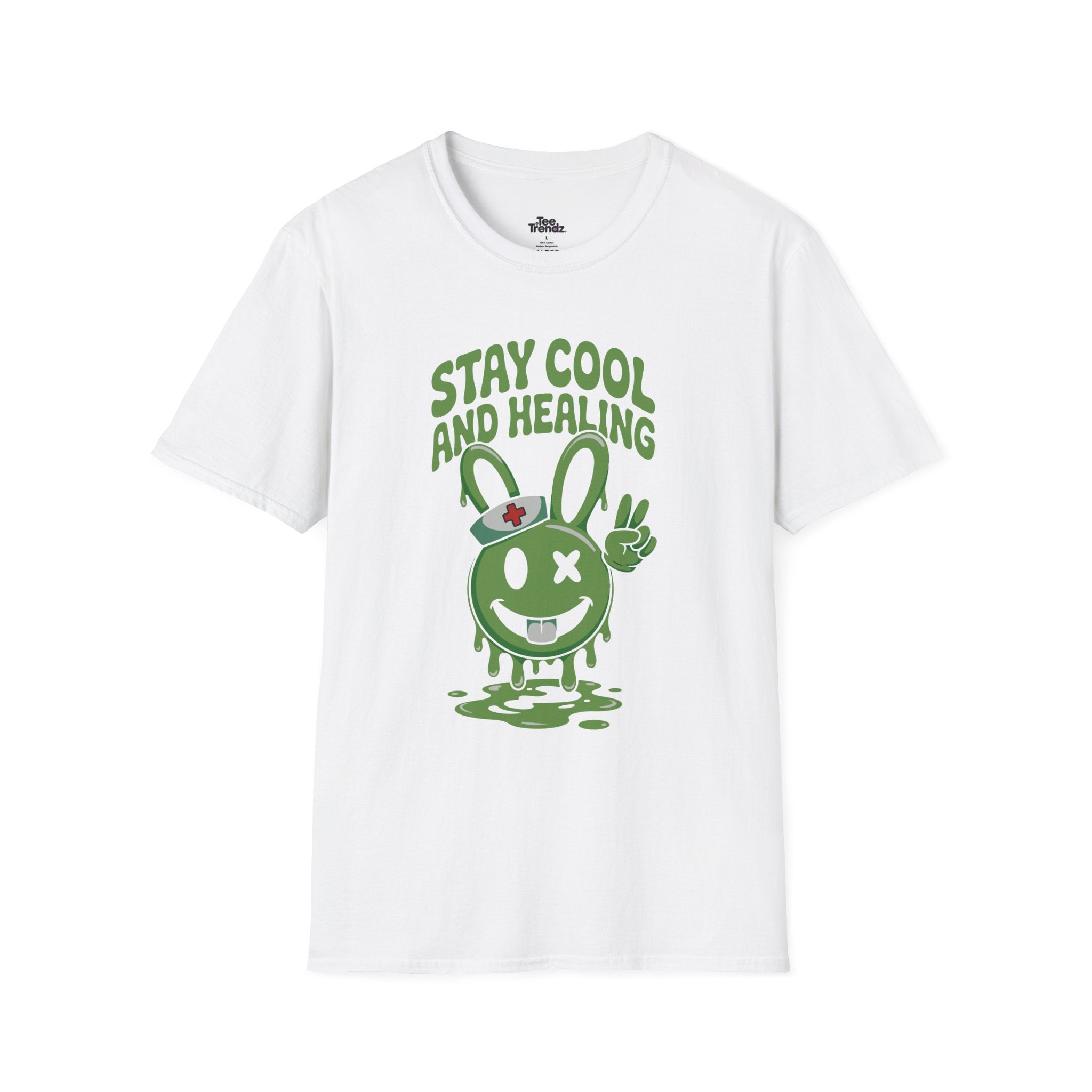 Stay Cool and Healing Graphic T-Shirt — Cute Green Bunny Peace Tee