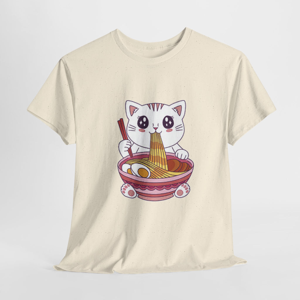 Cute Cat Ramen Tee – Kawaii Kitty Eating Noodles Graphic Shirt