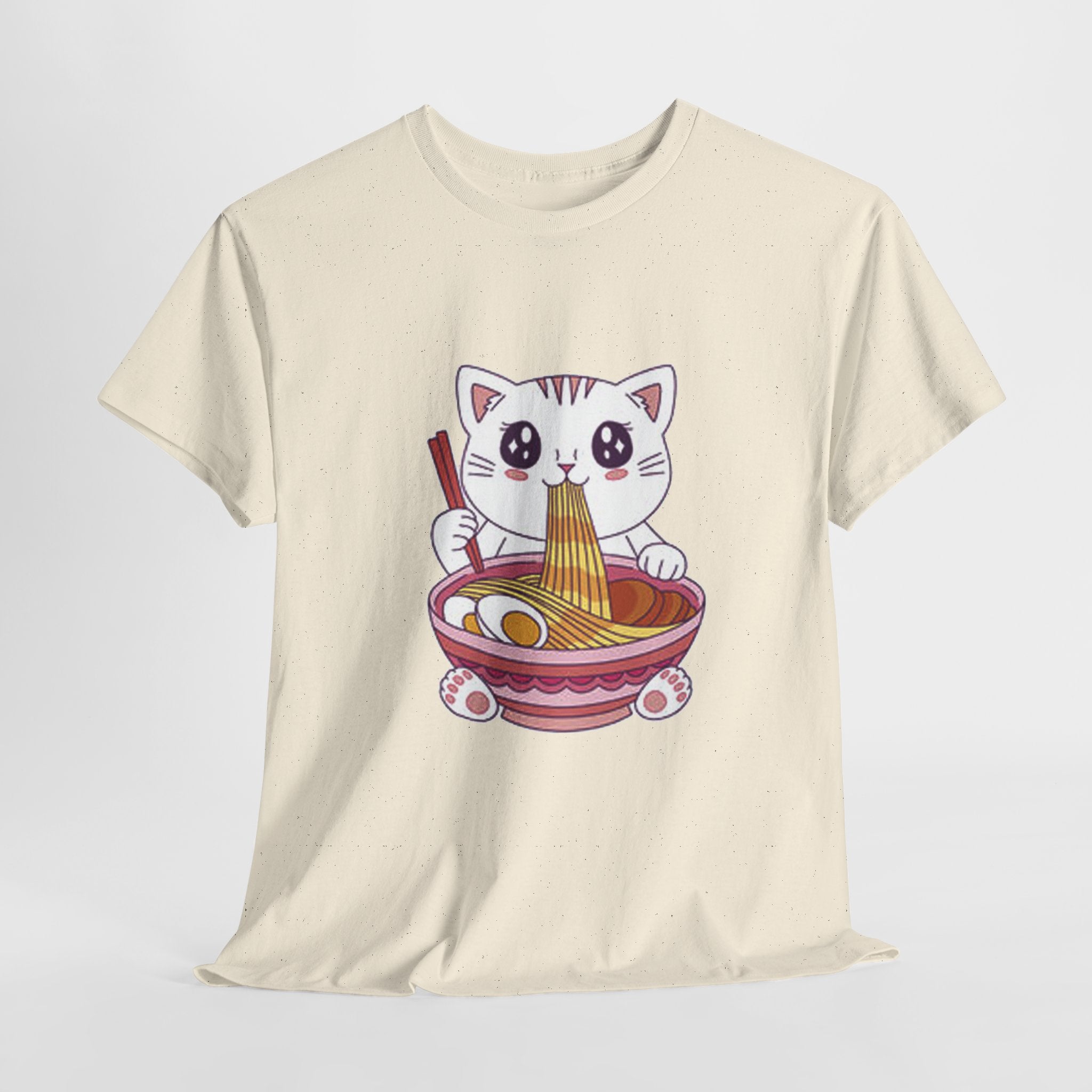 Cute Cat Ramen Tee – Kawaii Kitty Eating Noodles Graphic Shirt
