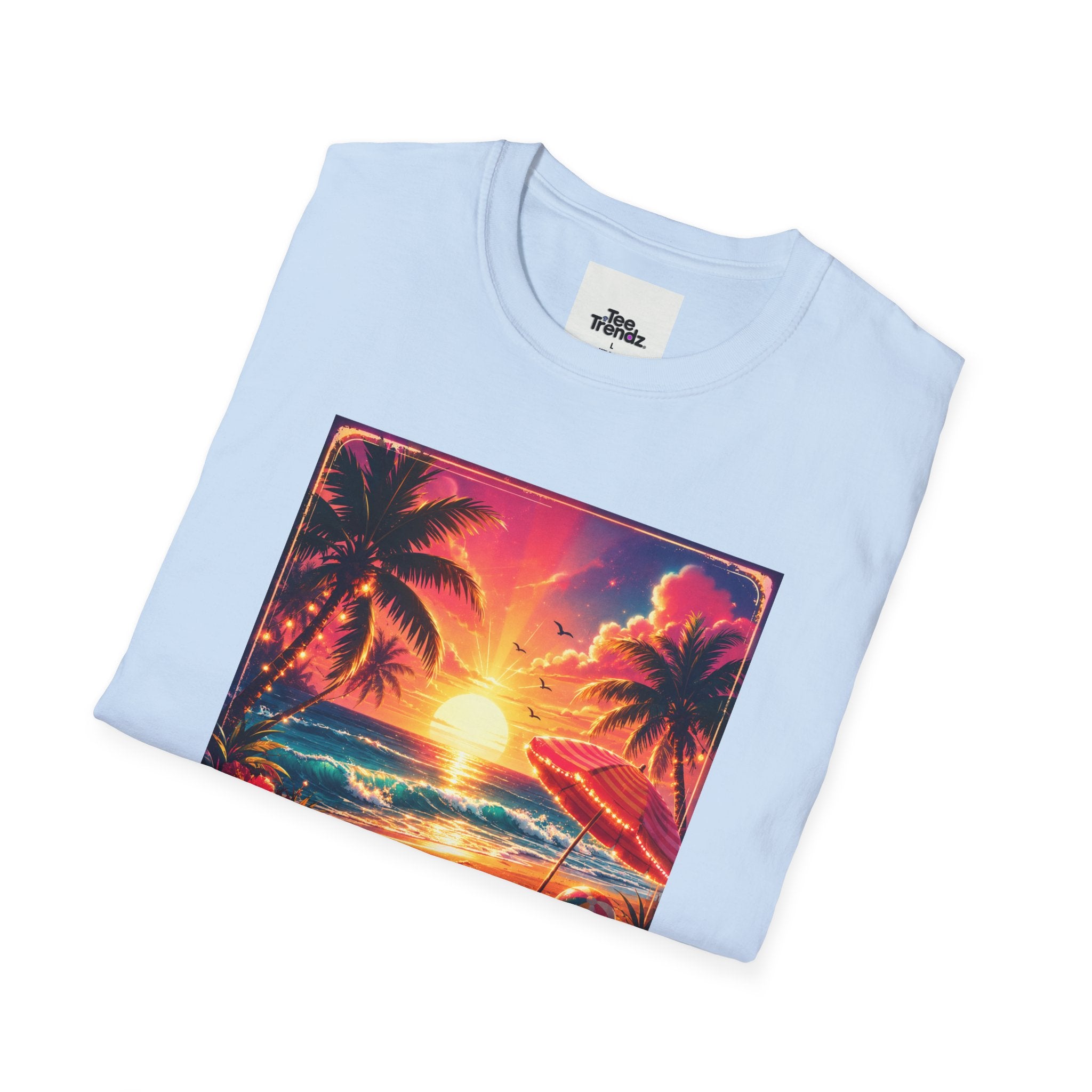 Summer Never Ends T-Shirt — Retro Tropical Sunset Beach Tee