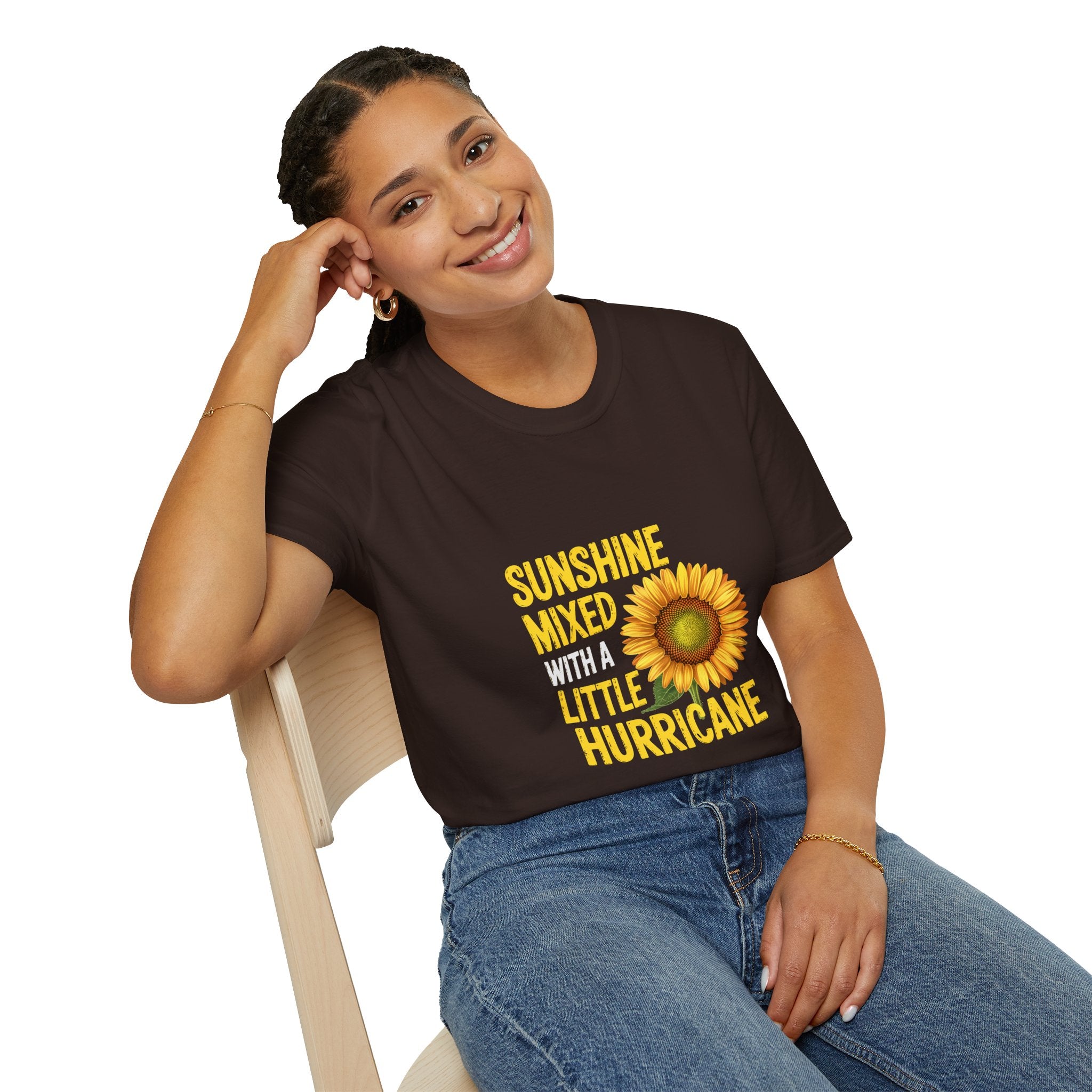 Sunshine Mixed With A Little Hurricane T-Shirt – Sunflower Graphic Tee for Bold, Fun-Loving Women