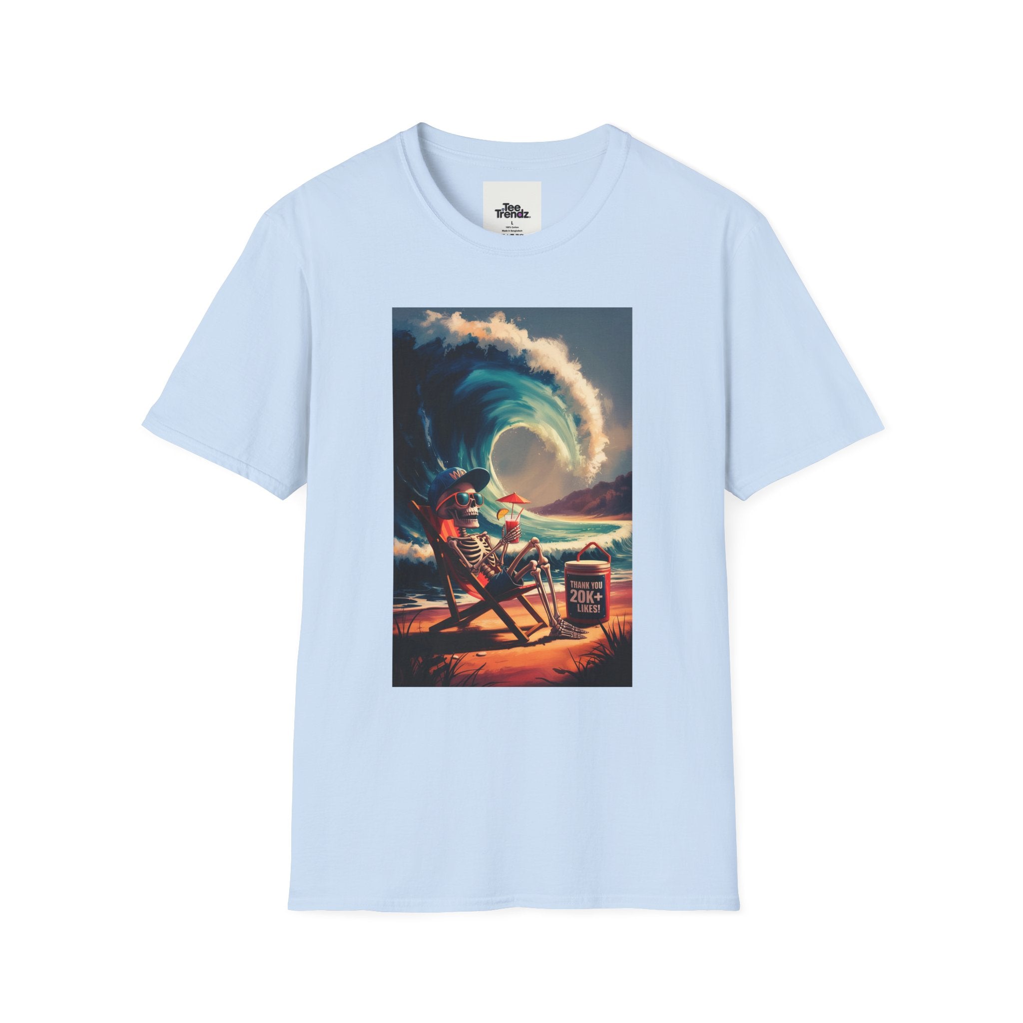 T-Shirt - Retro Beach Surf Scene with Giant Wave and Relaxing Skeleton (Vintage Coastal Vibe)