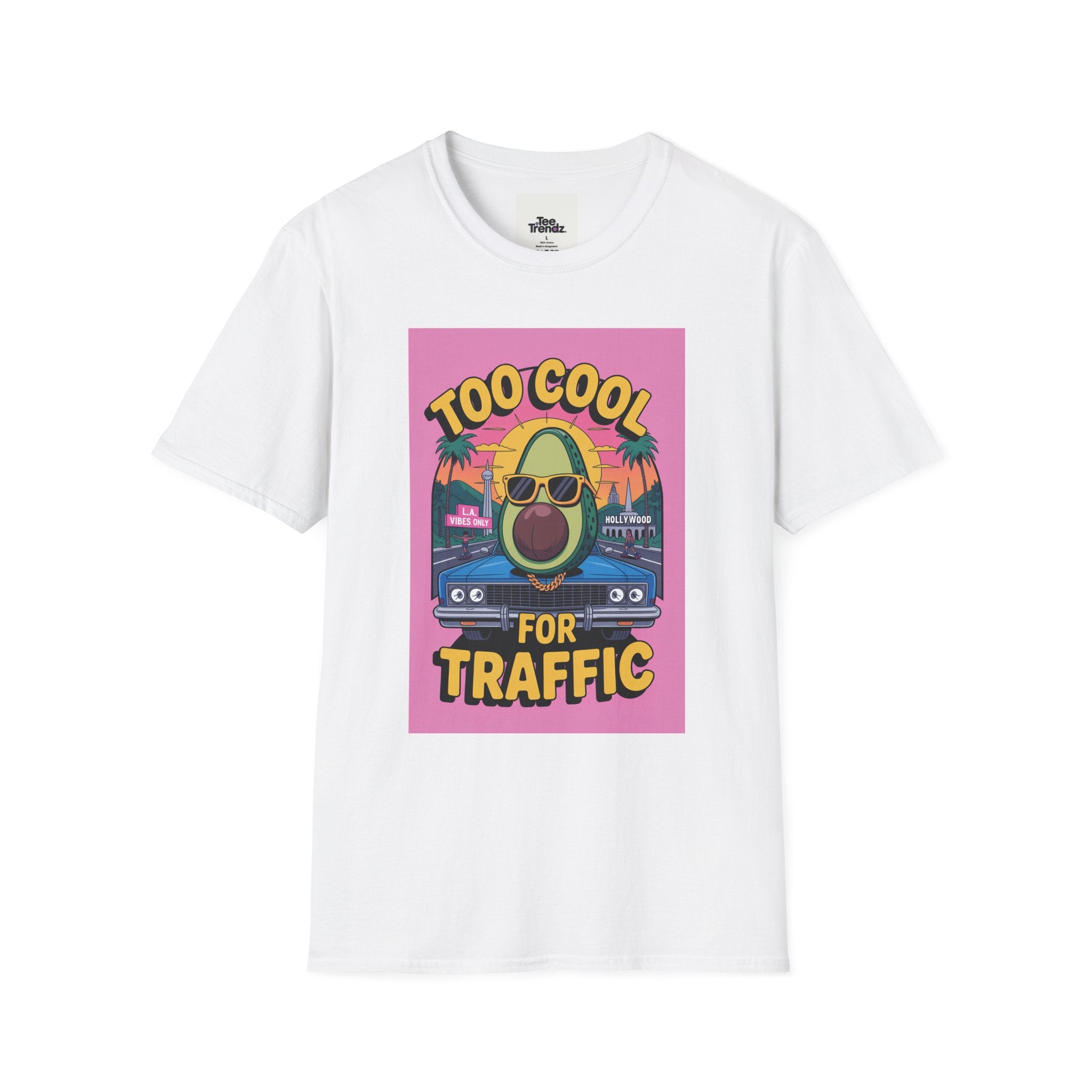 Too Cool for Traffic Avocado Tee — Retro Beach Car Graphic T-Shirt