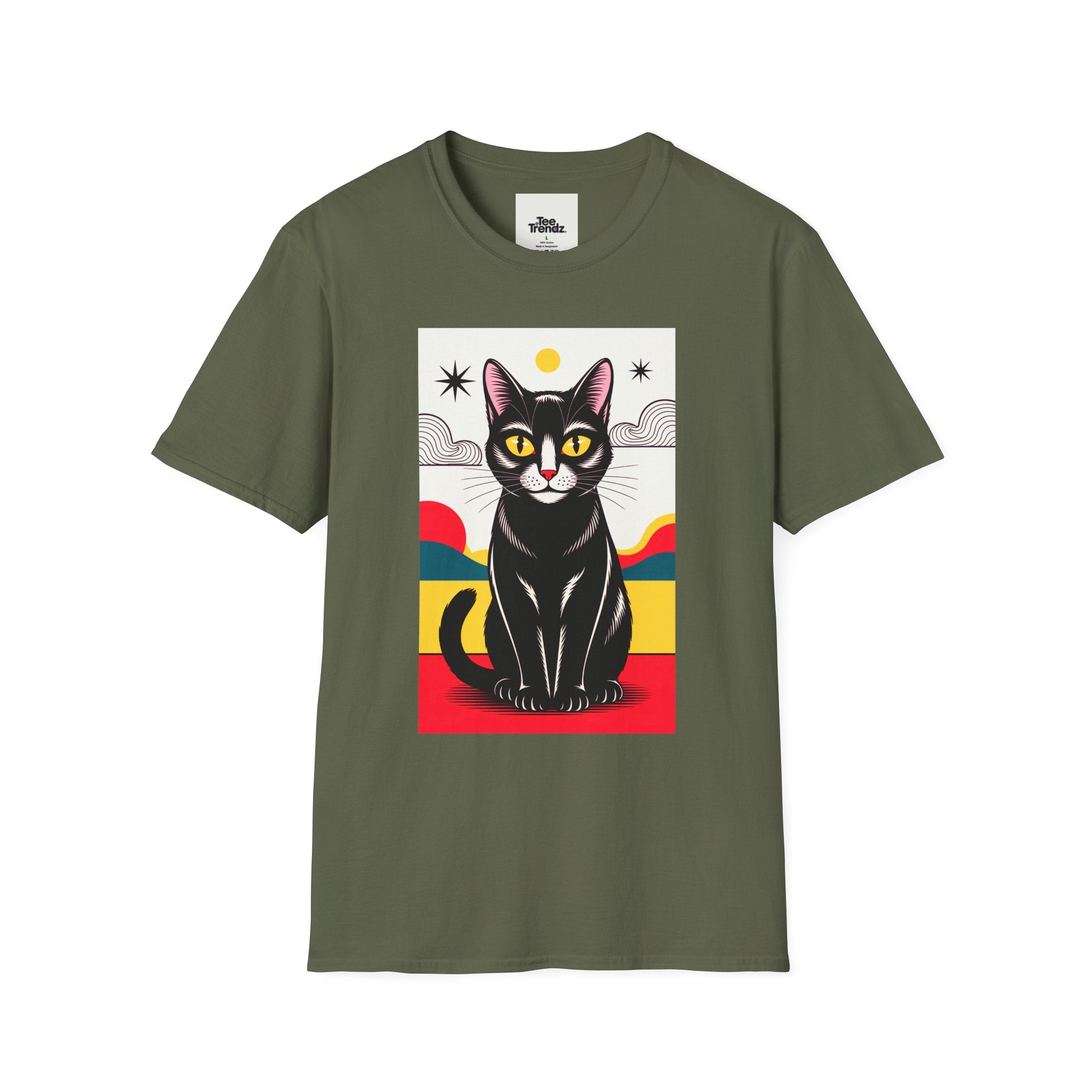 Black Cat Graphic T-Shirt — Retro Sunset Cat Illustration