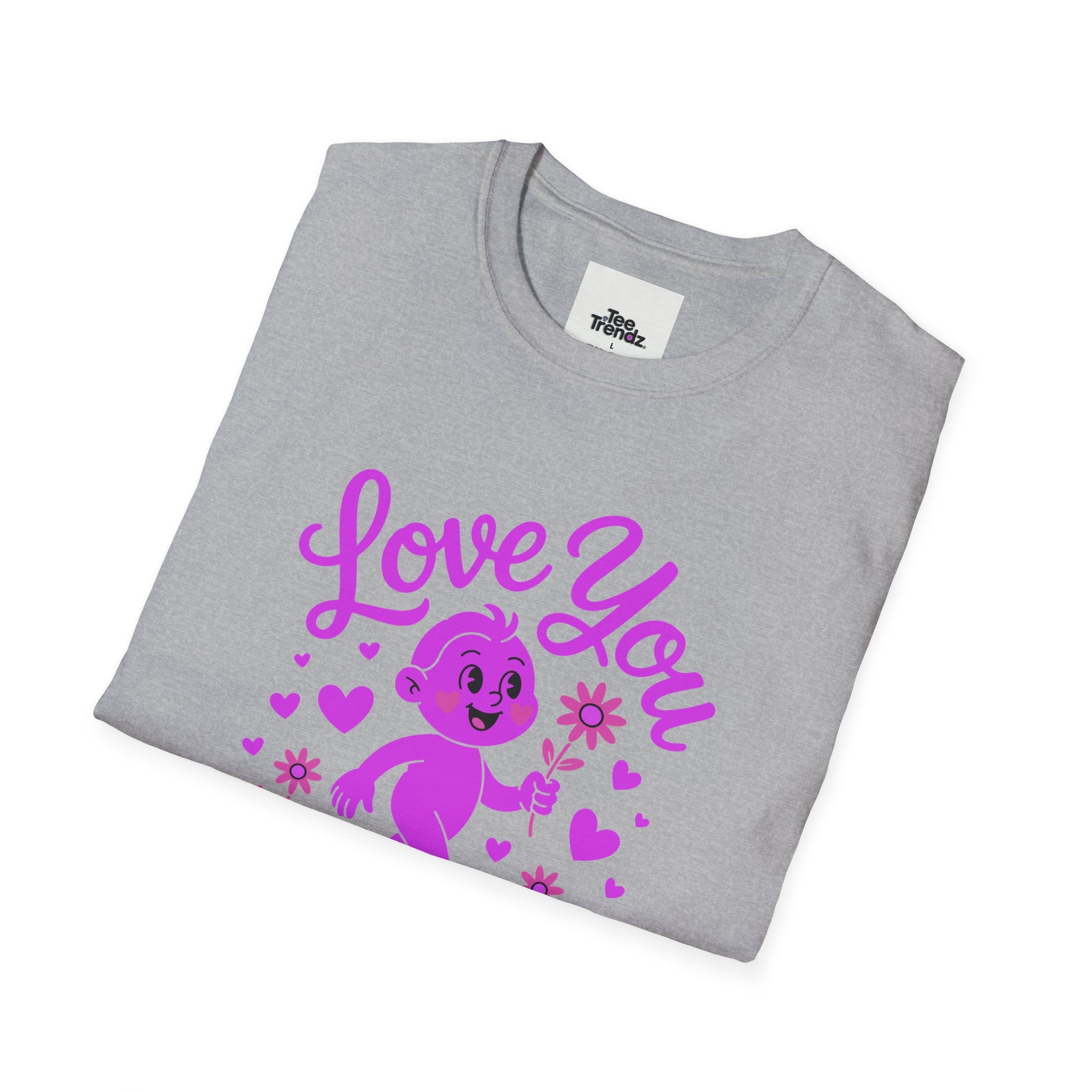 Love You Cute Character T-Shirt — Retro Pink Heart Cartoon Graphic Tee for Valentine’s Day