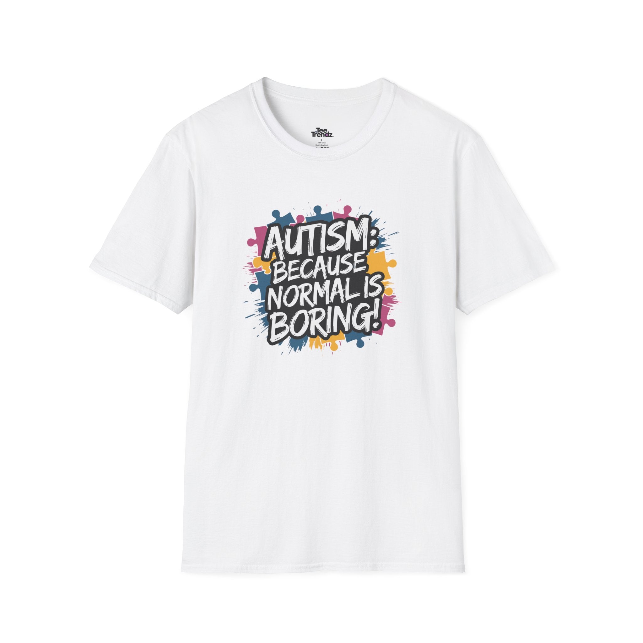 Autism Because Normal Is Boring T-Shirt — Colorful Puzzle Piece Awareness Tee