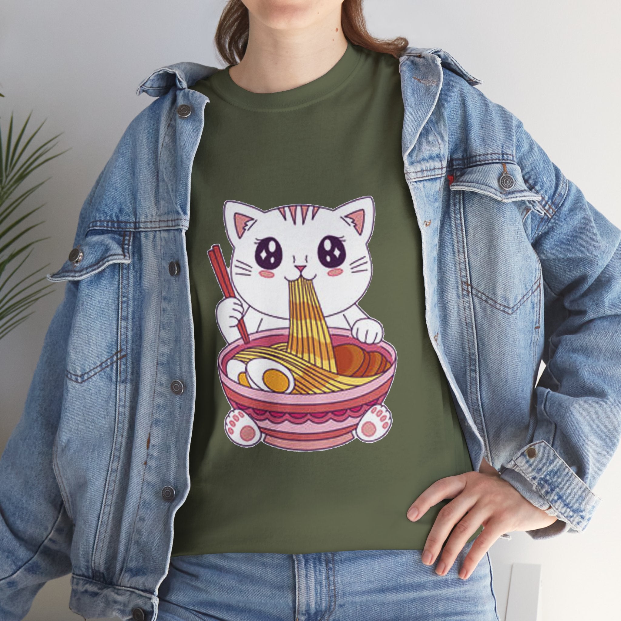 Cute Cat Ramen Tee – Kawaii Kitty Eating Noodles Graphic Shirt