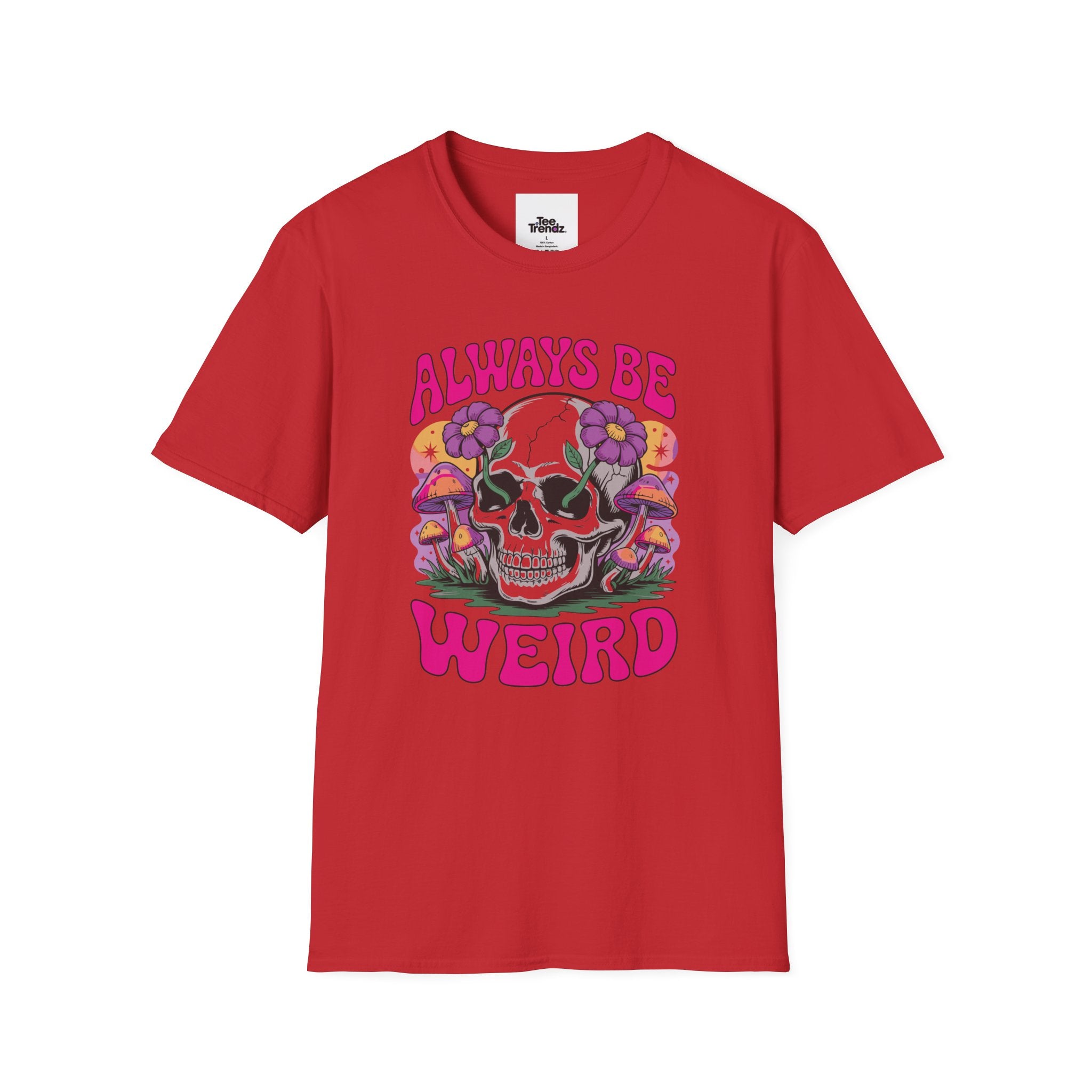 Skull & Mushrooms T-Shirt — "Always Be Weird" Retro Graphic Tee