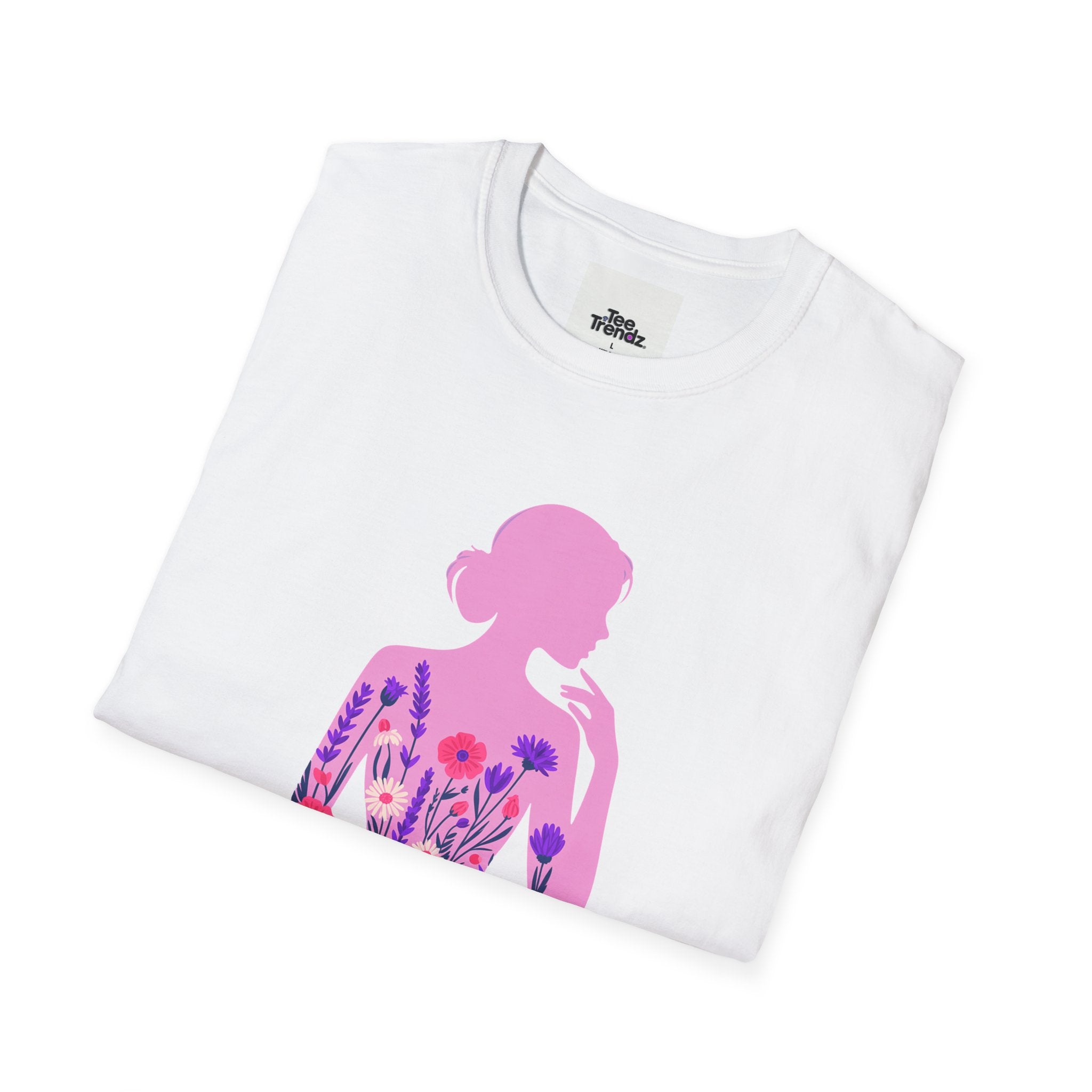 Floral Silhouette Tee — Pink Woman Dress Flower Graphic T-Shirt