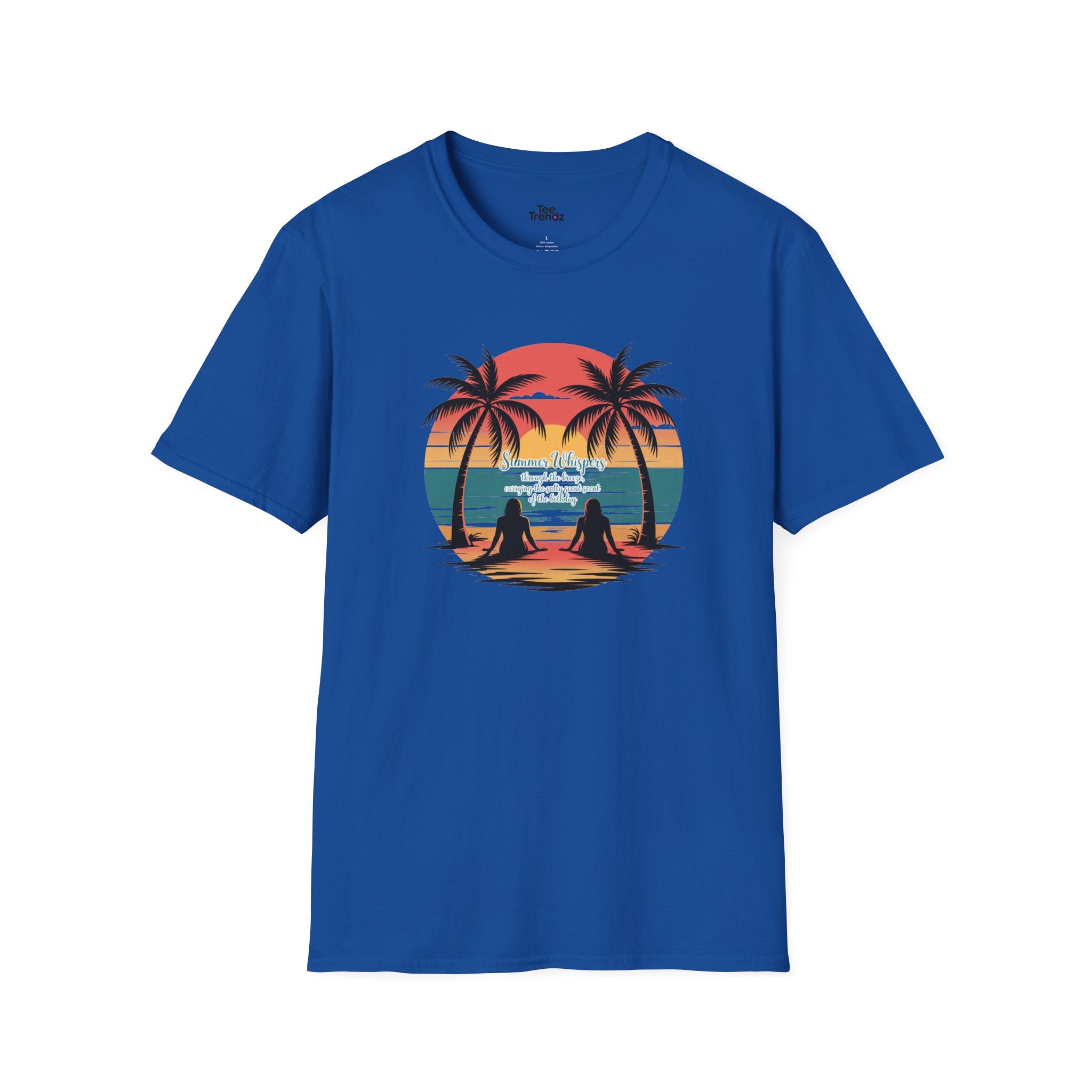 Beach Sunset T-Shirt — Couples Silhouette Palm Tree Graphic Tee (Vintage Rainbow Stripes)
