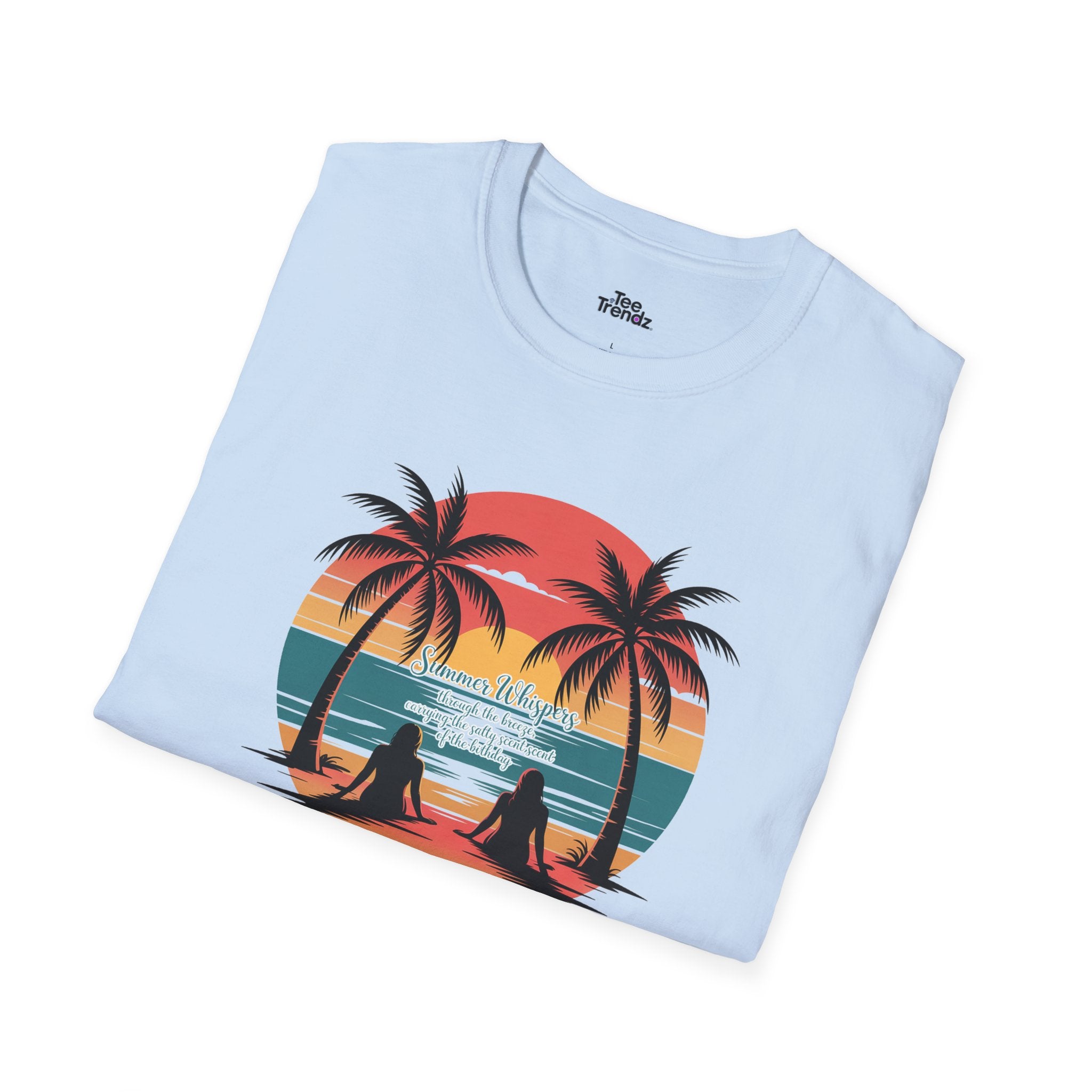 Beach Sunset T-Shirt — Couples Silhouette Palm Tree Graphic Tee (Vintage Rainbow Stripes)