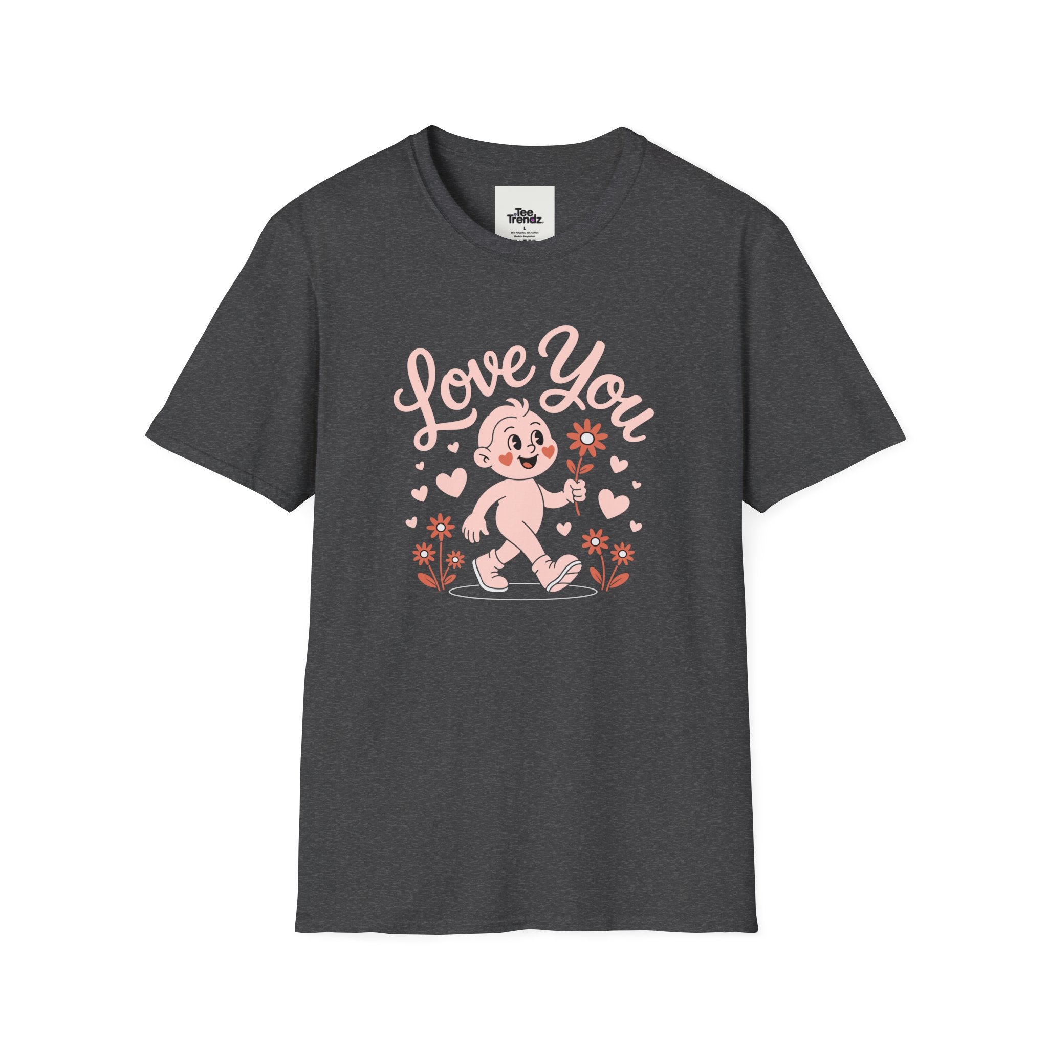 Love You Cute Character T-Shirt — Retro Pink Heart Cartoon Graphic Tee for Valentine’s Day