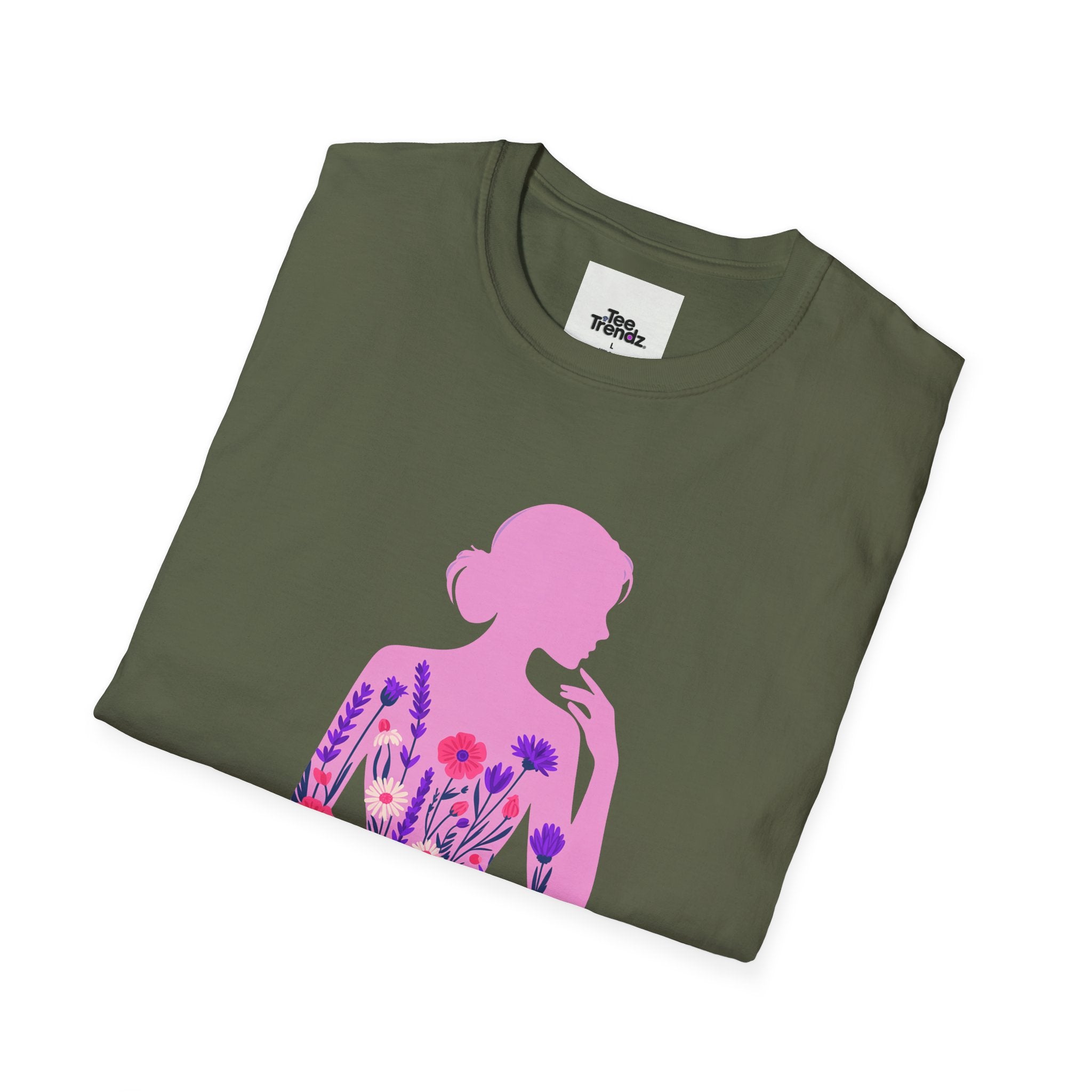 Floral Silhouette Tee — Pink Woman Dress Flower Graphic T-Shirt