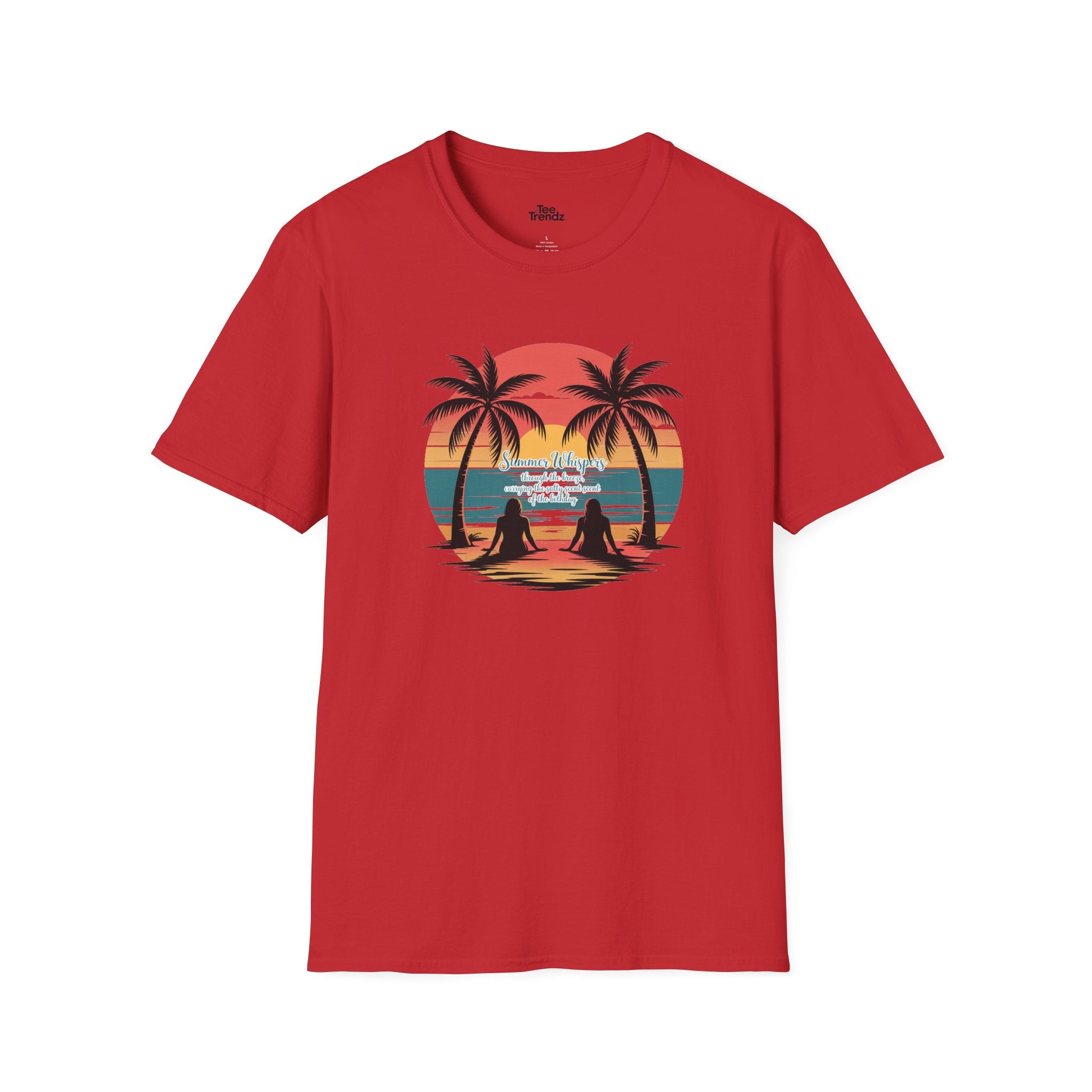 Beach Sunset T-Shirt — Couples Silhouette Palm Tree Graphic Tee (Vintage Rainbow Stripes)