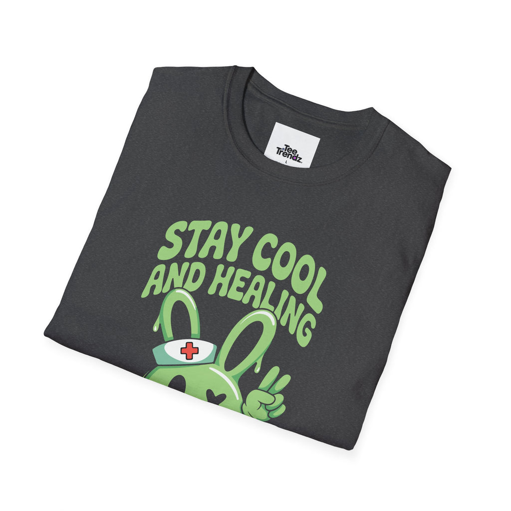 Stay Cool and Healing Graphic T-Shirt — Cute Green Bunny Peace Tee
