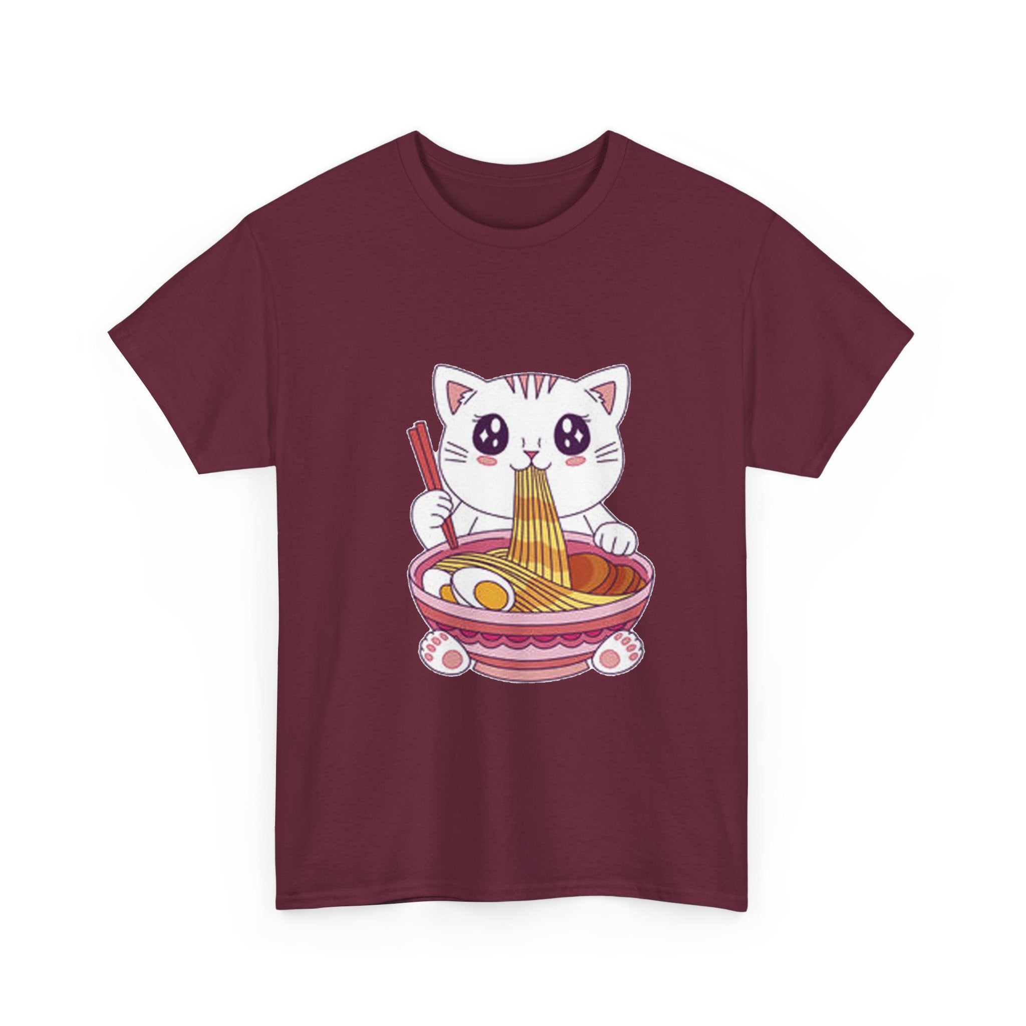 Cute Cat Ramen Tee – Kawaii Kitty Eating Noodles Graphic Shirt