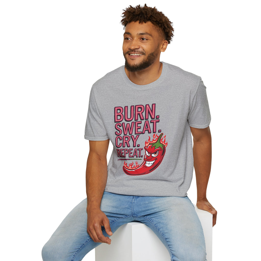 Burn. Sweat. Cry. Repeat. T-Shirt — Spicy Fitness Motivation Tee