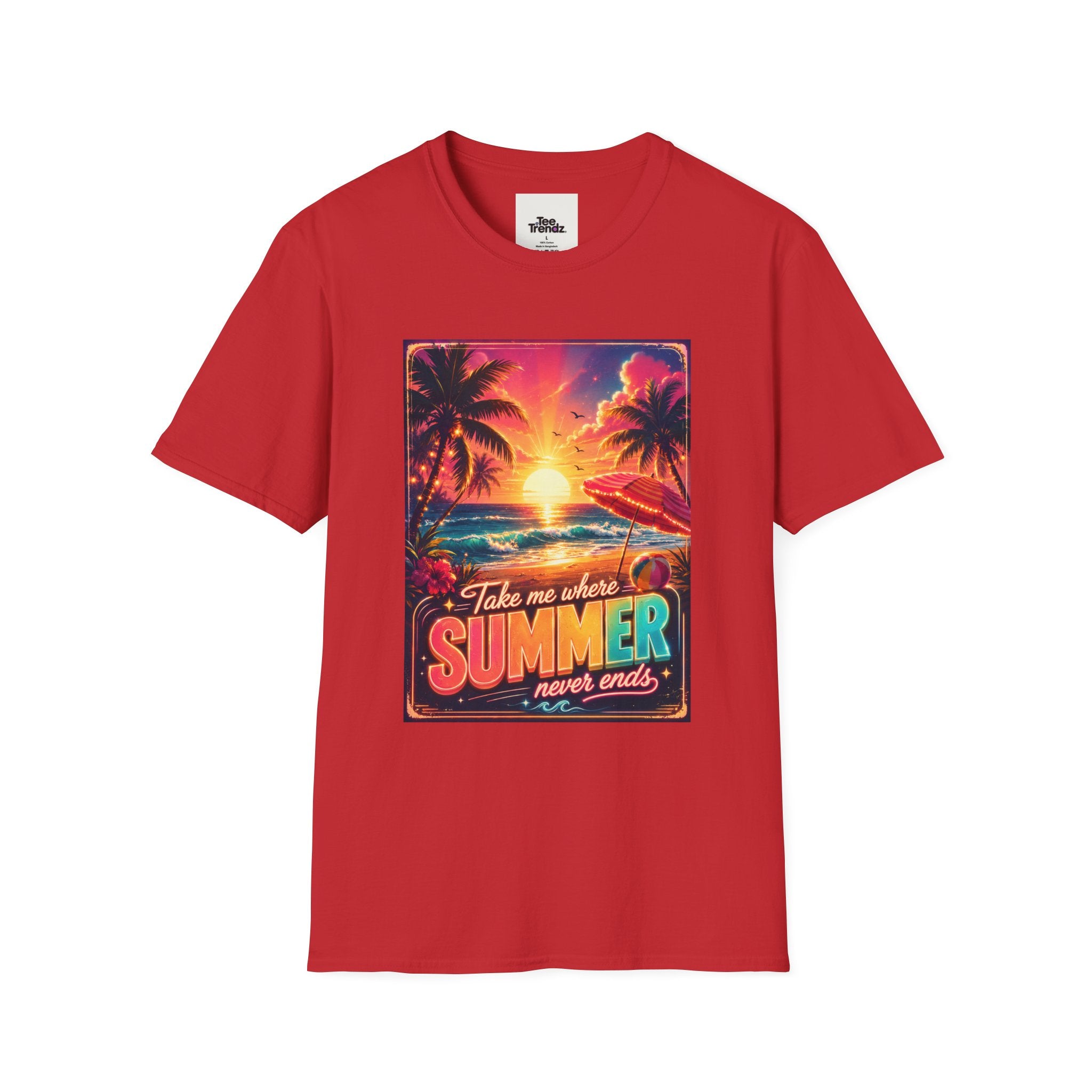 Summer Never Ends T-Shirt — Retro Tropical Sunset Beach Tee