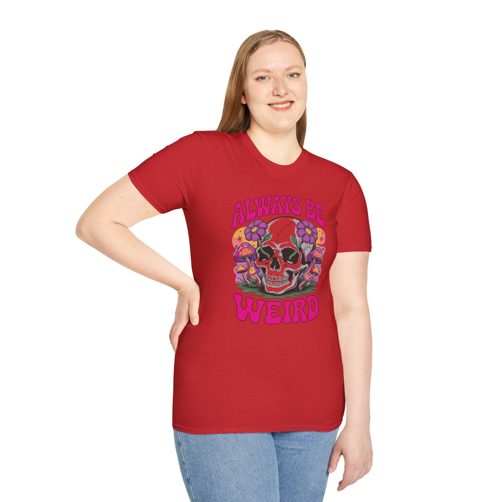 Skull & Mushrooms T-Shirt — "Always Be Weird" Retro Graphic Tee
