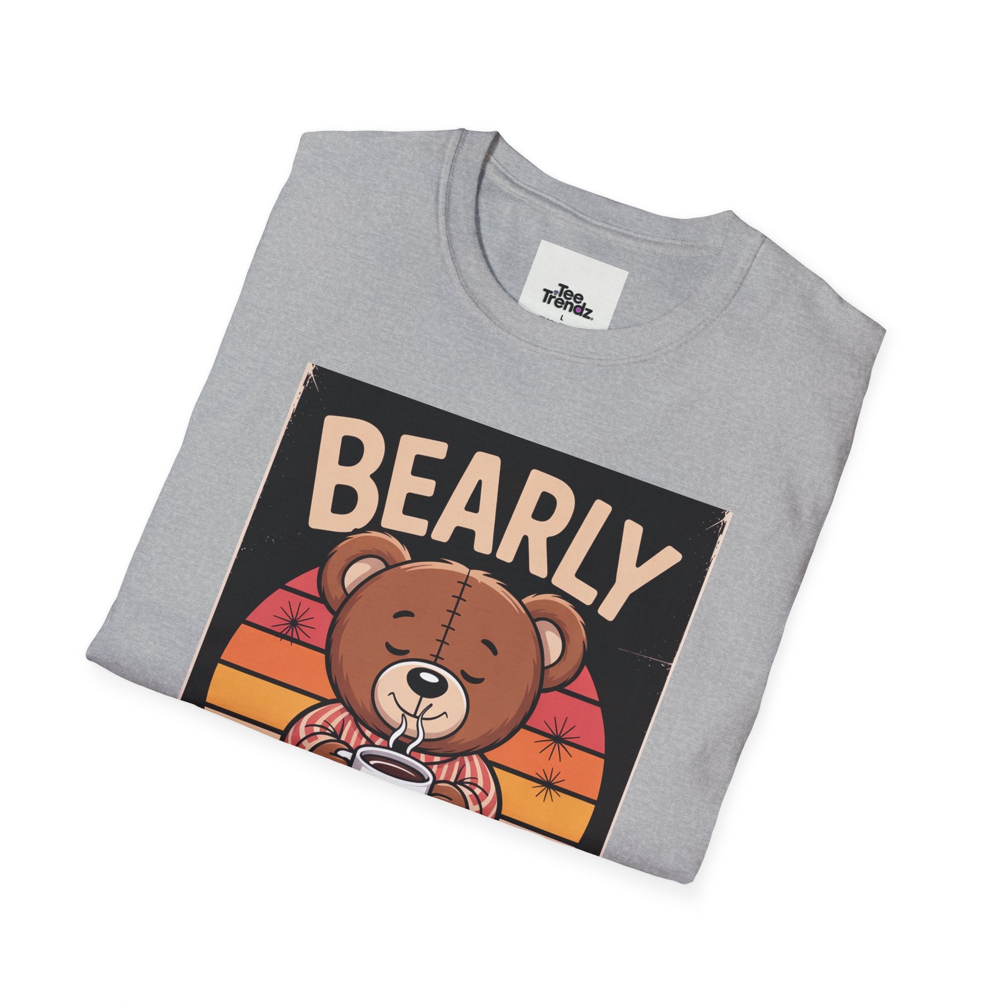 Bearly Awake T‑Shirt — Cute Coffee Bear Vintage Sunset Tee