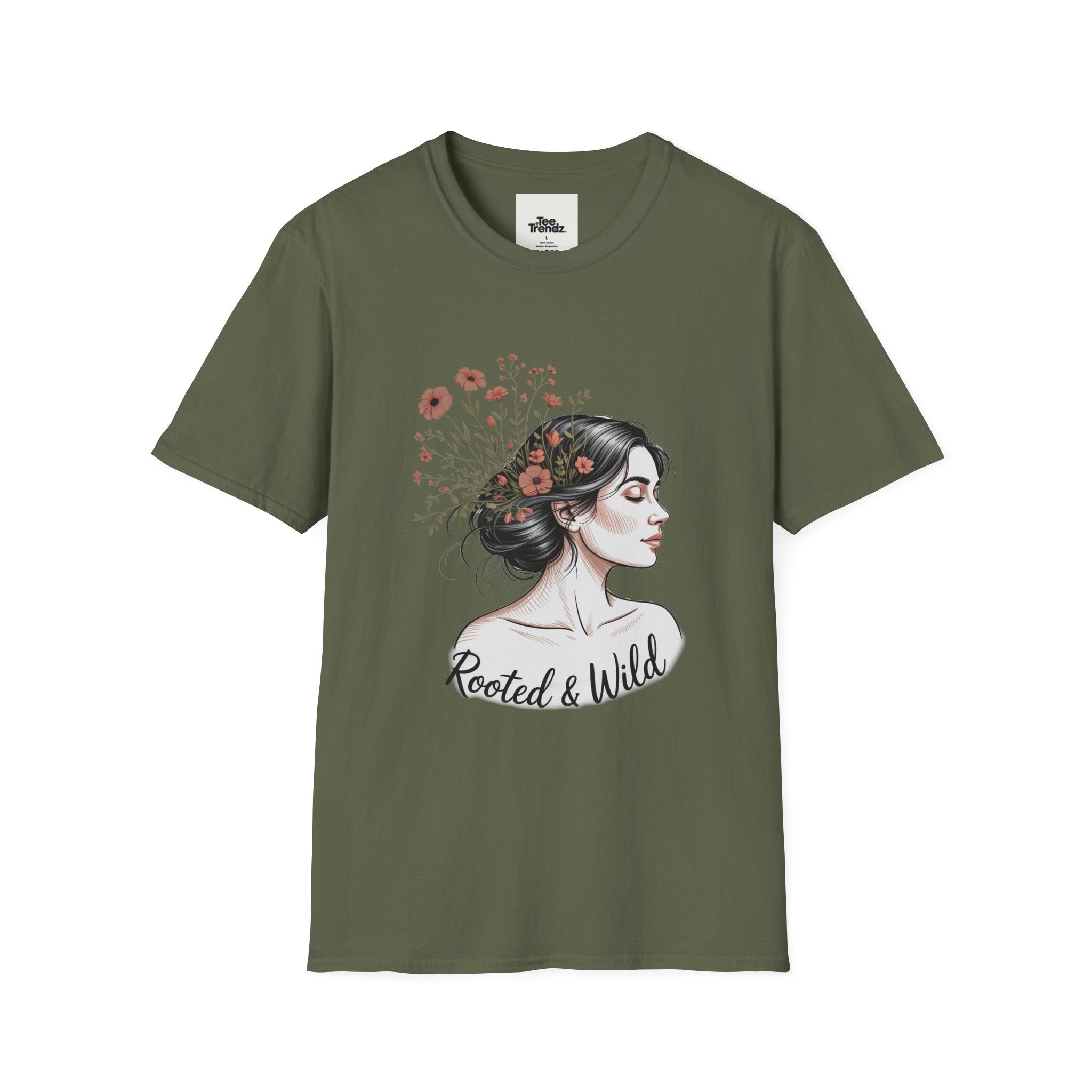 T-Shirt — "Rooted & Wild" Floral Woman Illustration | Boho Nature Tee for Women