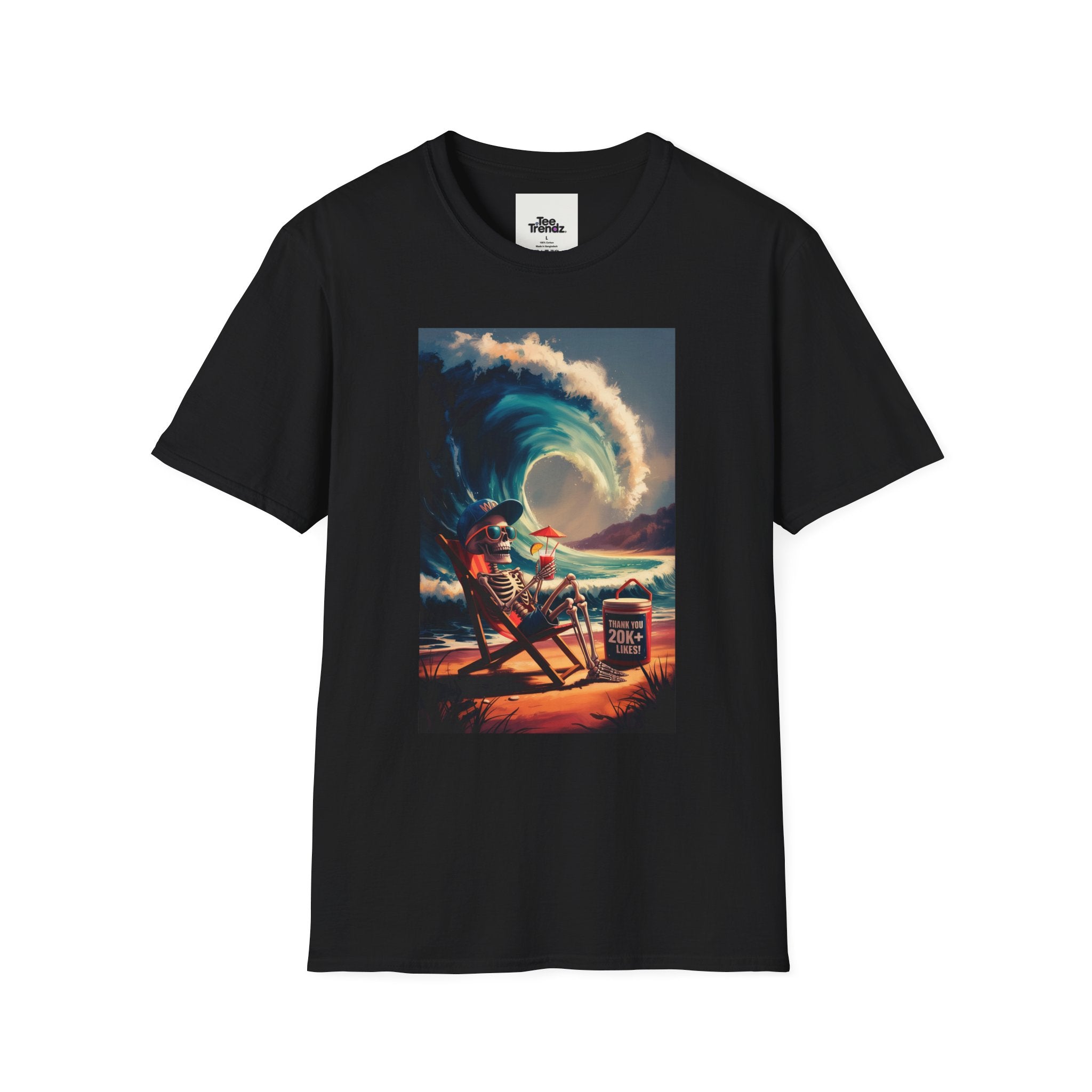 T-Shirt - Retro Beach Surf Scene with Giant Wave and Relaxing Skeleton (Vintage Coastal Vibe)